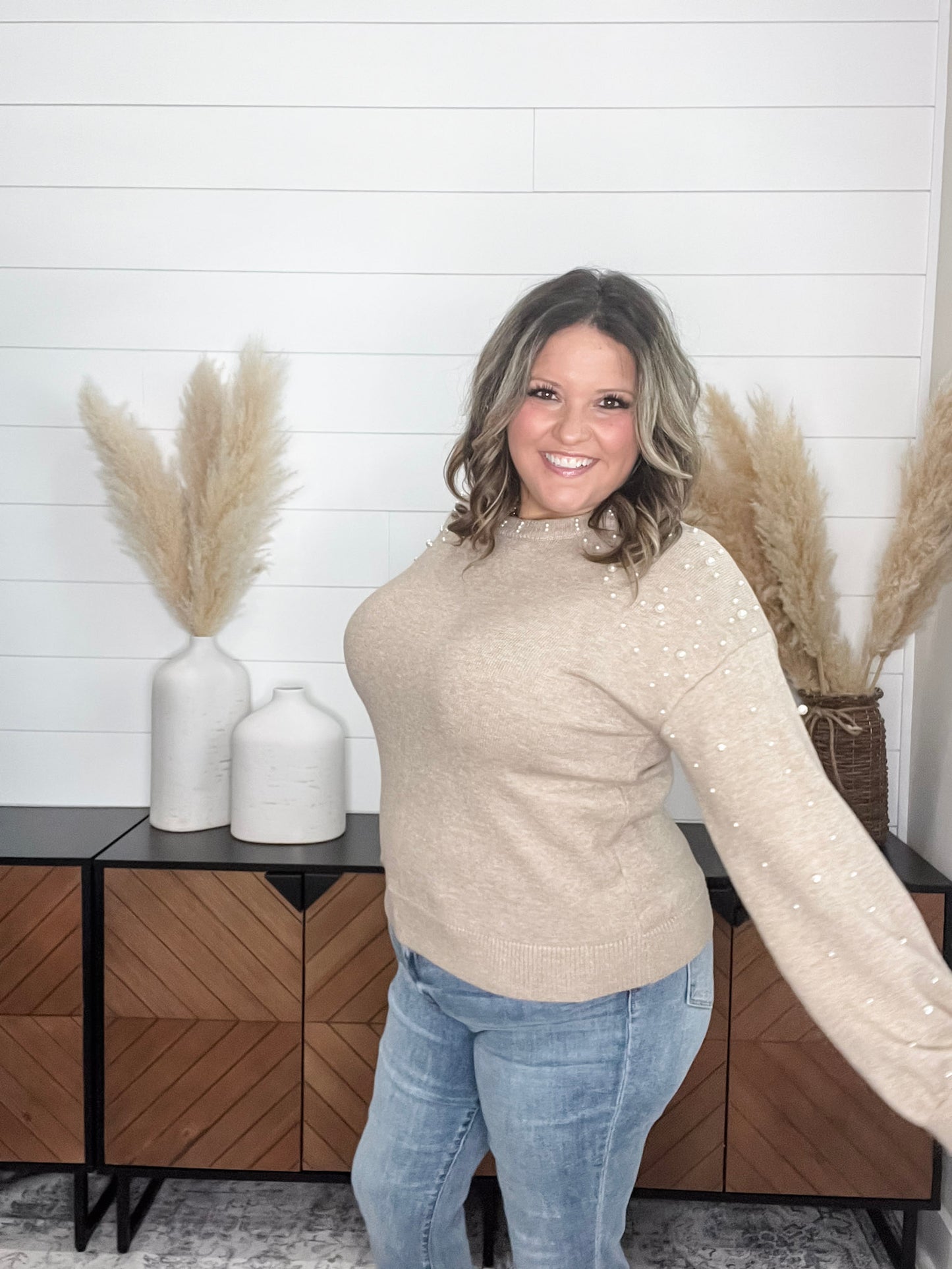"Discreet" Long Sleeve Pearl Embellished Balloon Sleeve Sweater