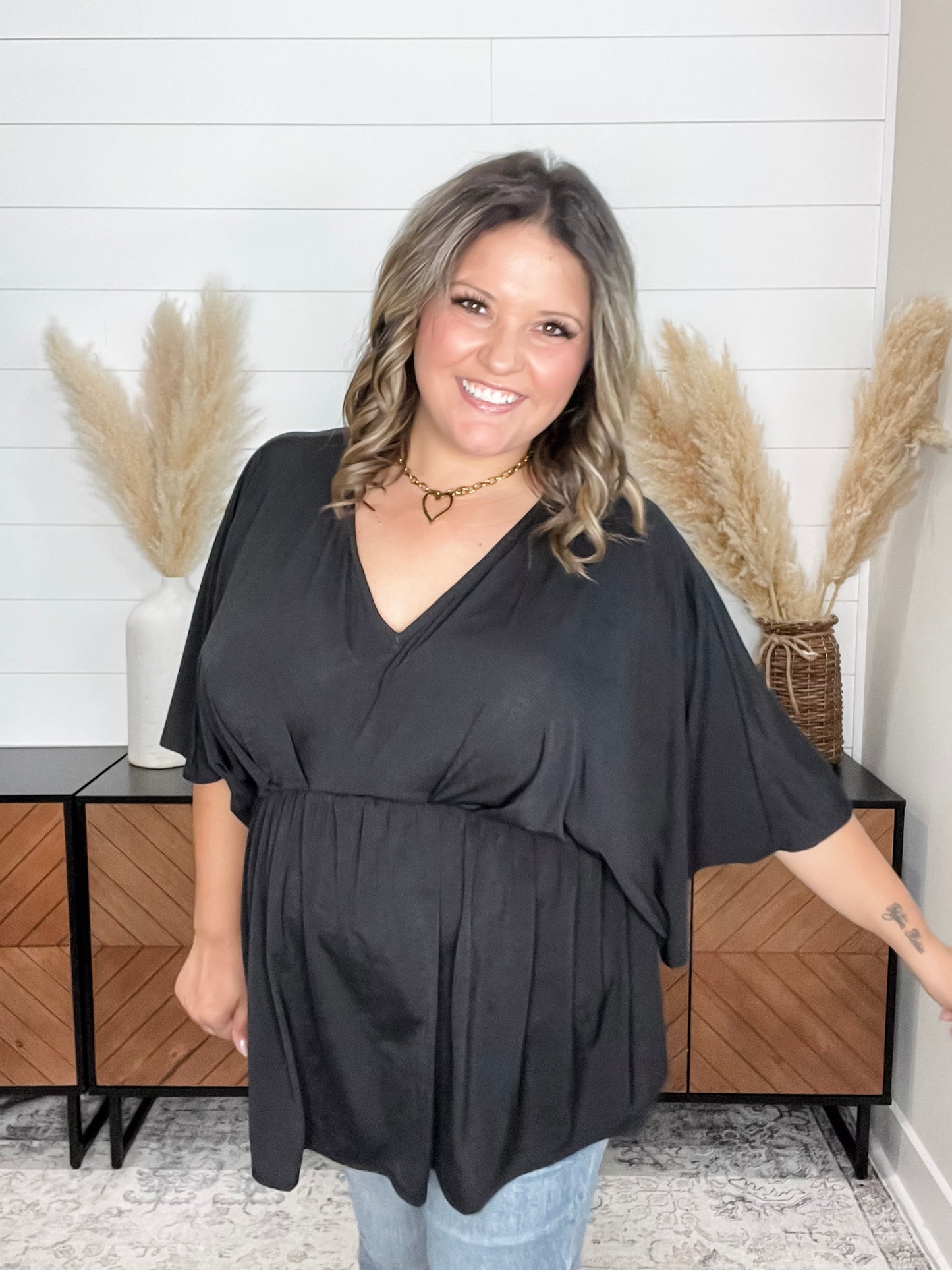 "Here We Go Again" V Neck 3/4 Bell Sleeve (Black)