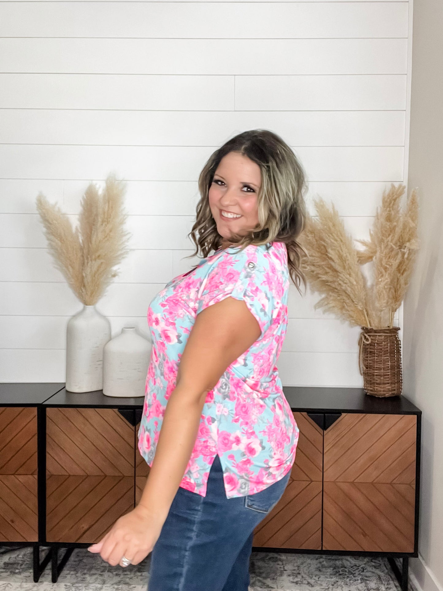 "Fletcher" Floral Split Neck Cuffed Short Sleeve