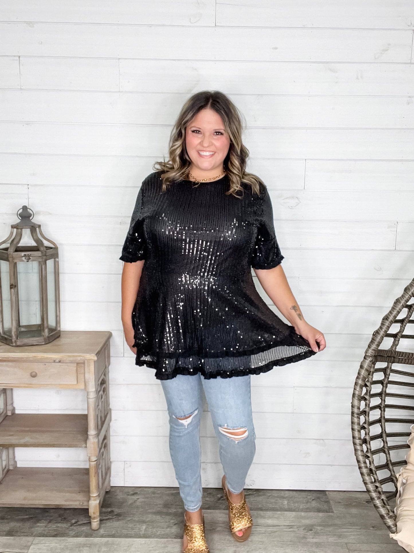 "Caught A Glimpse" Sequined Ruffle Hem and Sleeve (Black)
