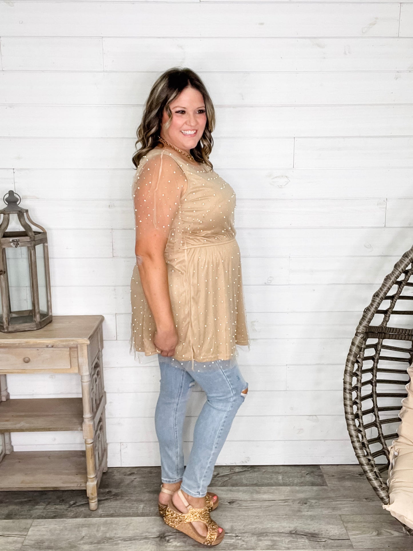 "Eras" Pearl Mesh Lined Tunic / Dress (Nude)
