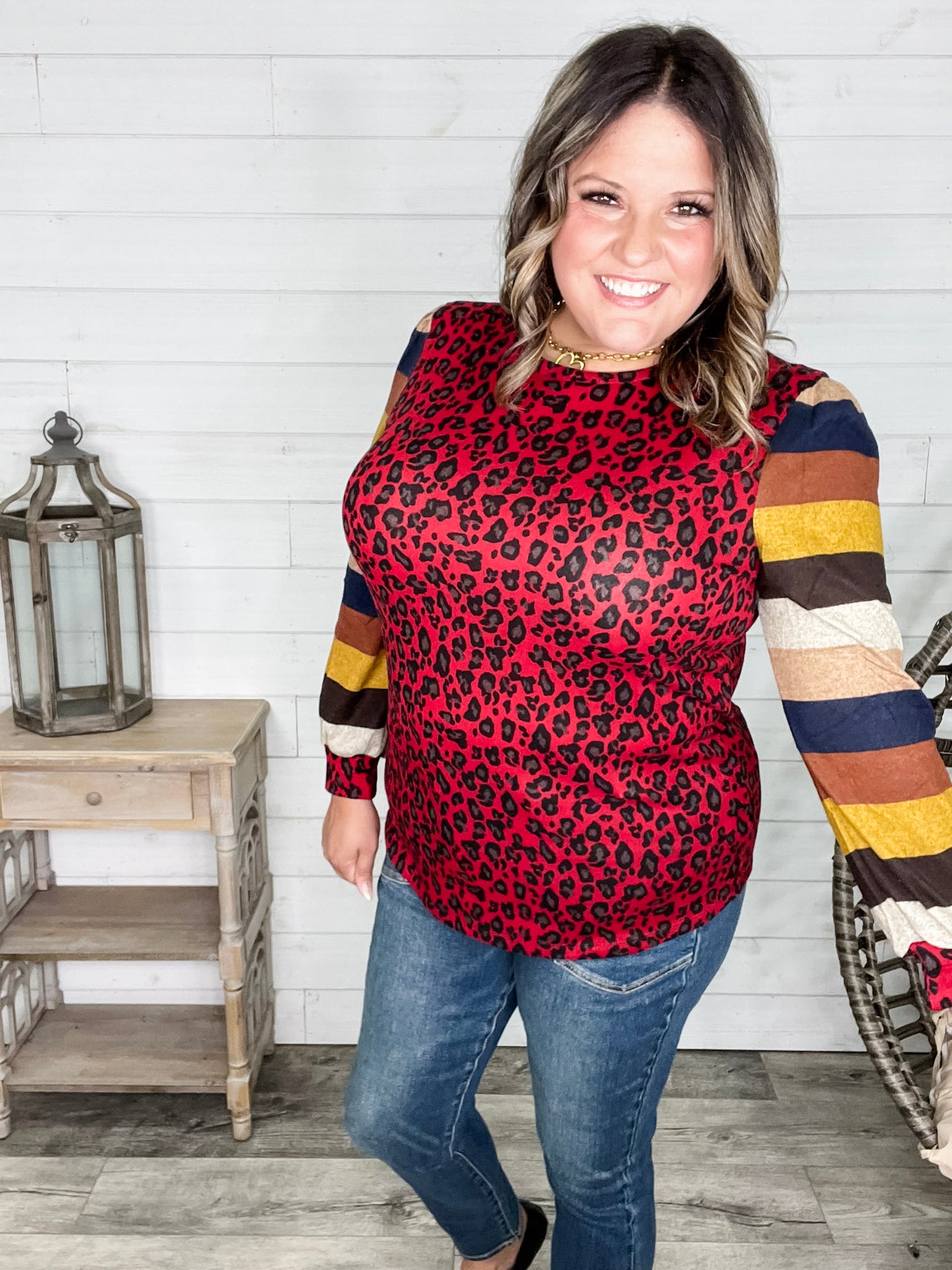 "Well Ok" Long Sleeve Animal Print with Stripe Accent