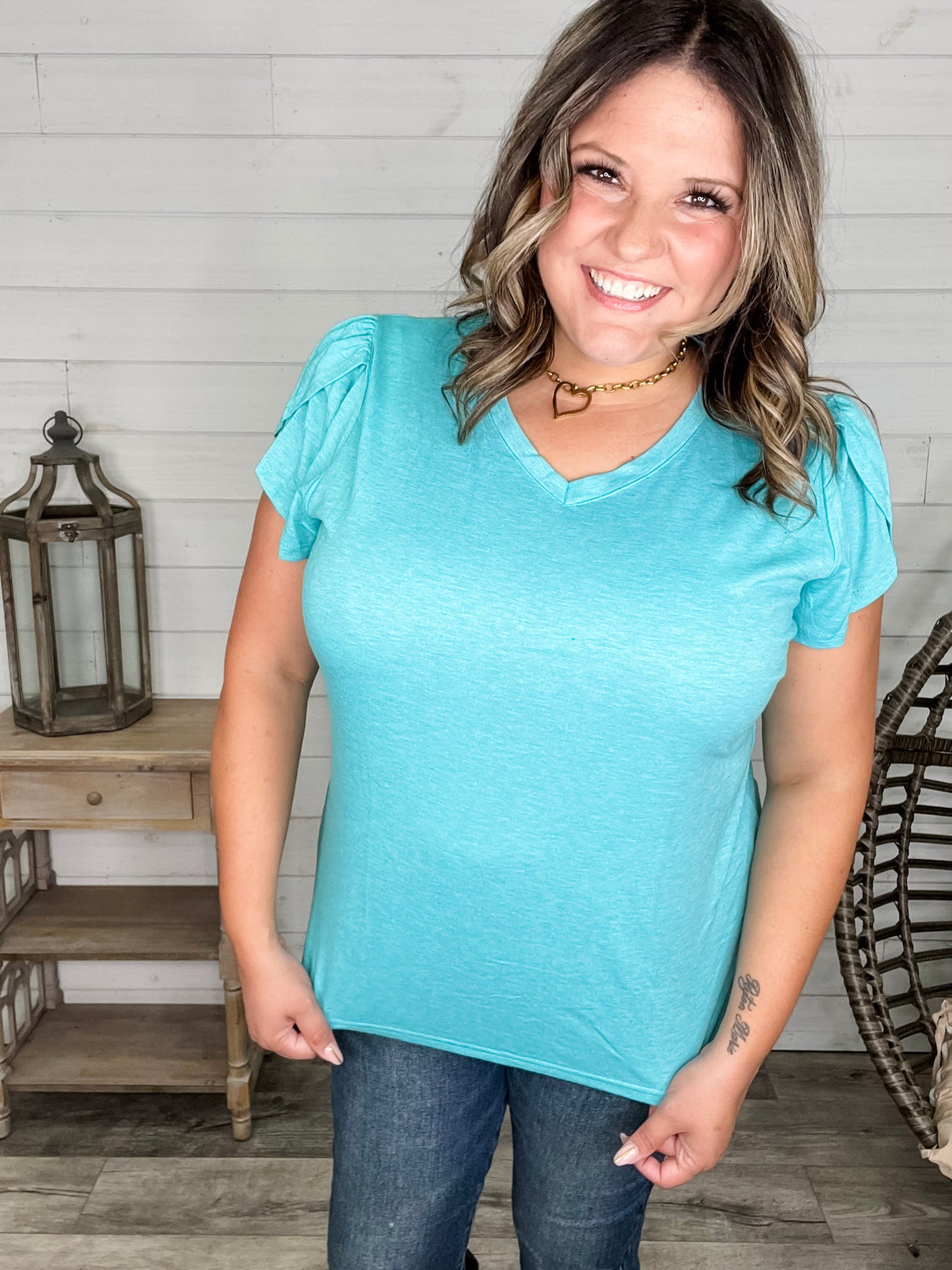 "Just The Beginning Chapter Two" Solid Tulip Sleeve V Neck (Turquoise)