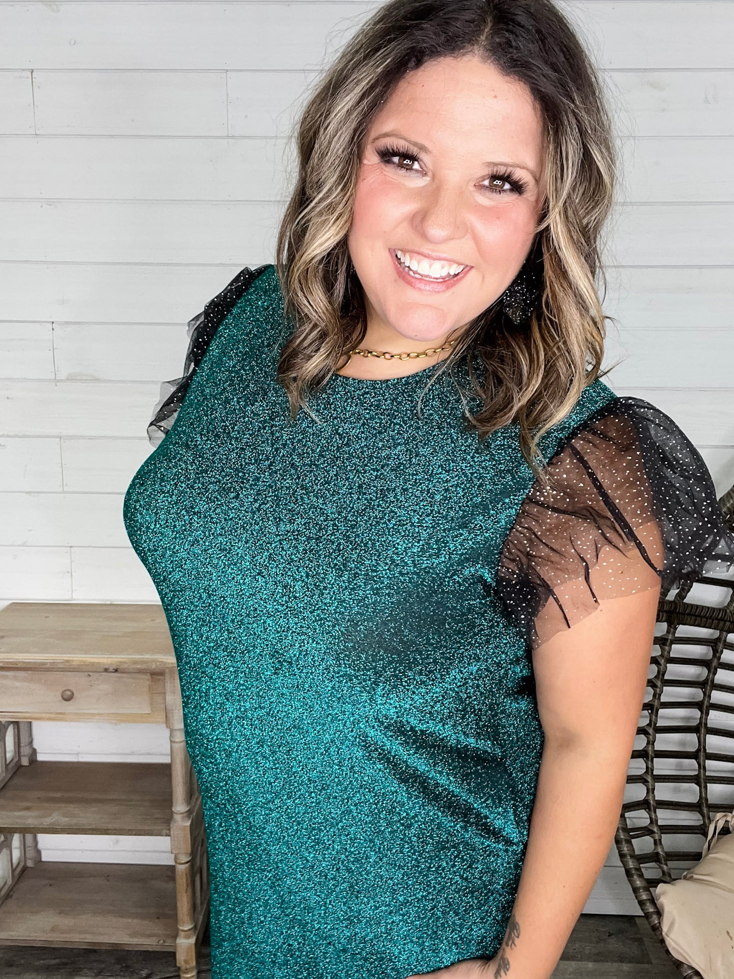 "Lark" Butterfly Sleeve Sparkle Dress with Pockets