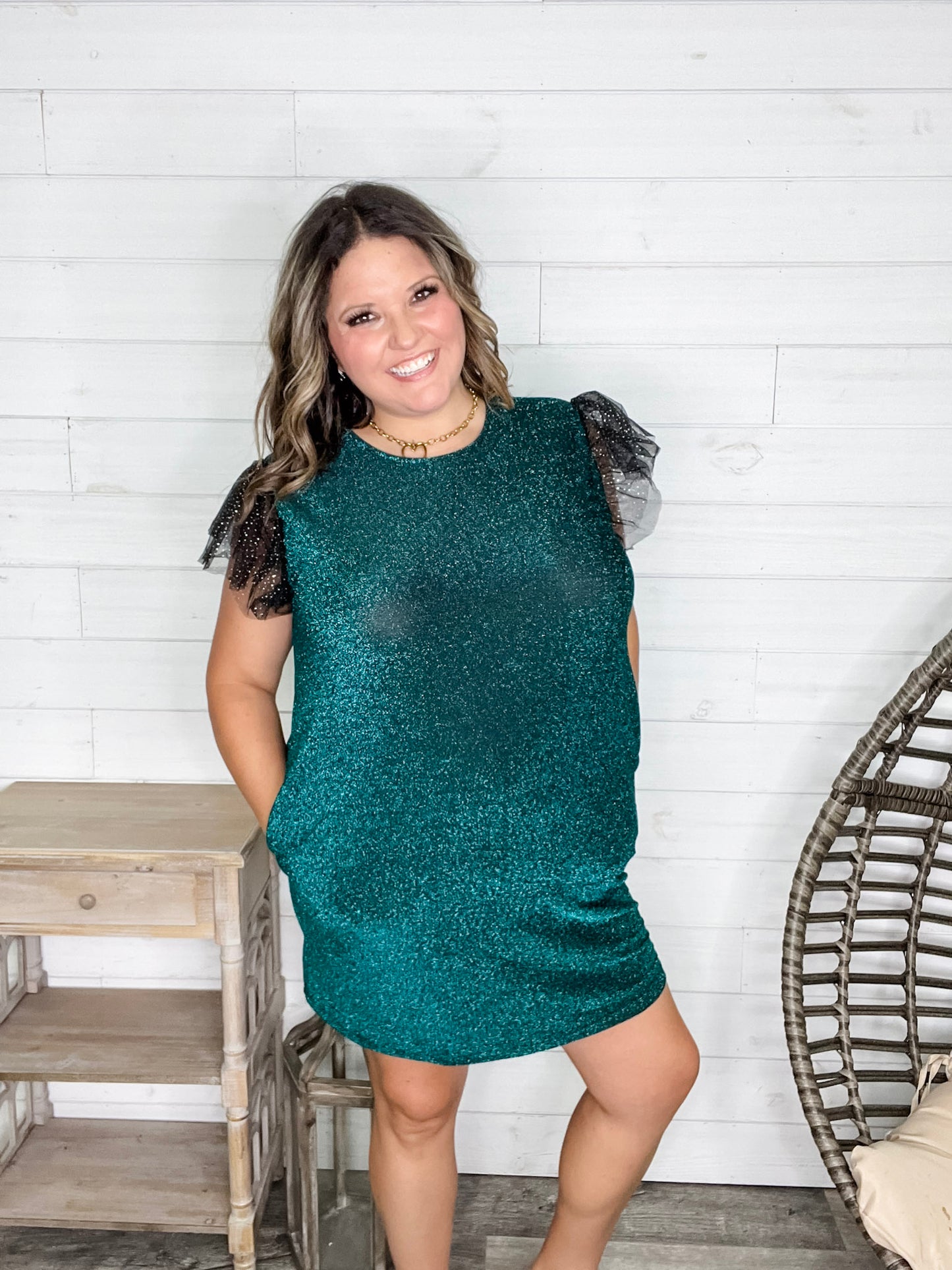 "Lark" Butterfly Sleeve Sparkle Dress with Pockets