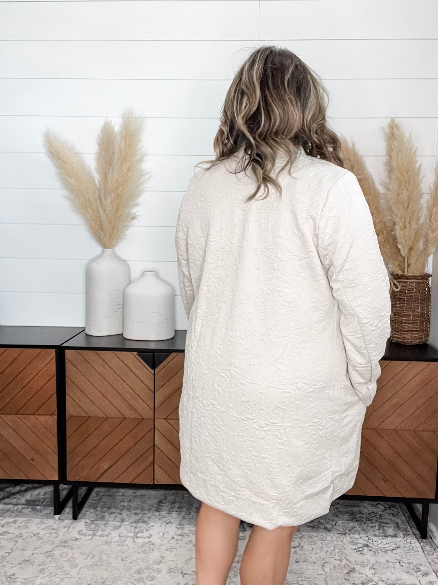 "Amara" Jacquard Midi Coat with Pockets (Oatmeal)