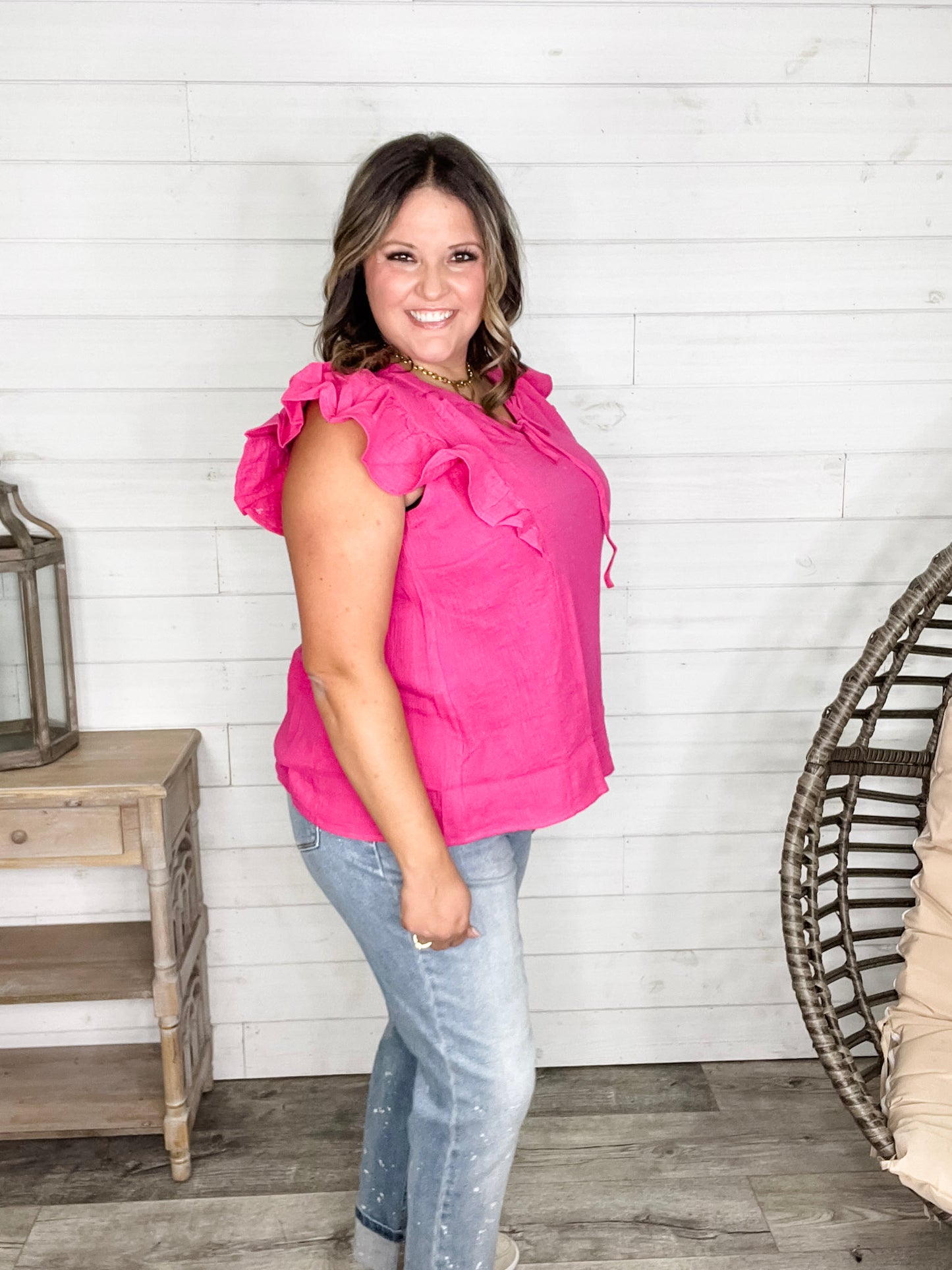 "Wheatland" Ruffle Cap V Neck with Tie Detail (Hot Pink)