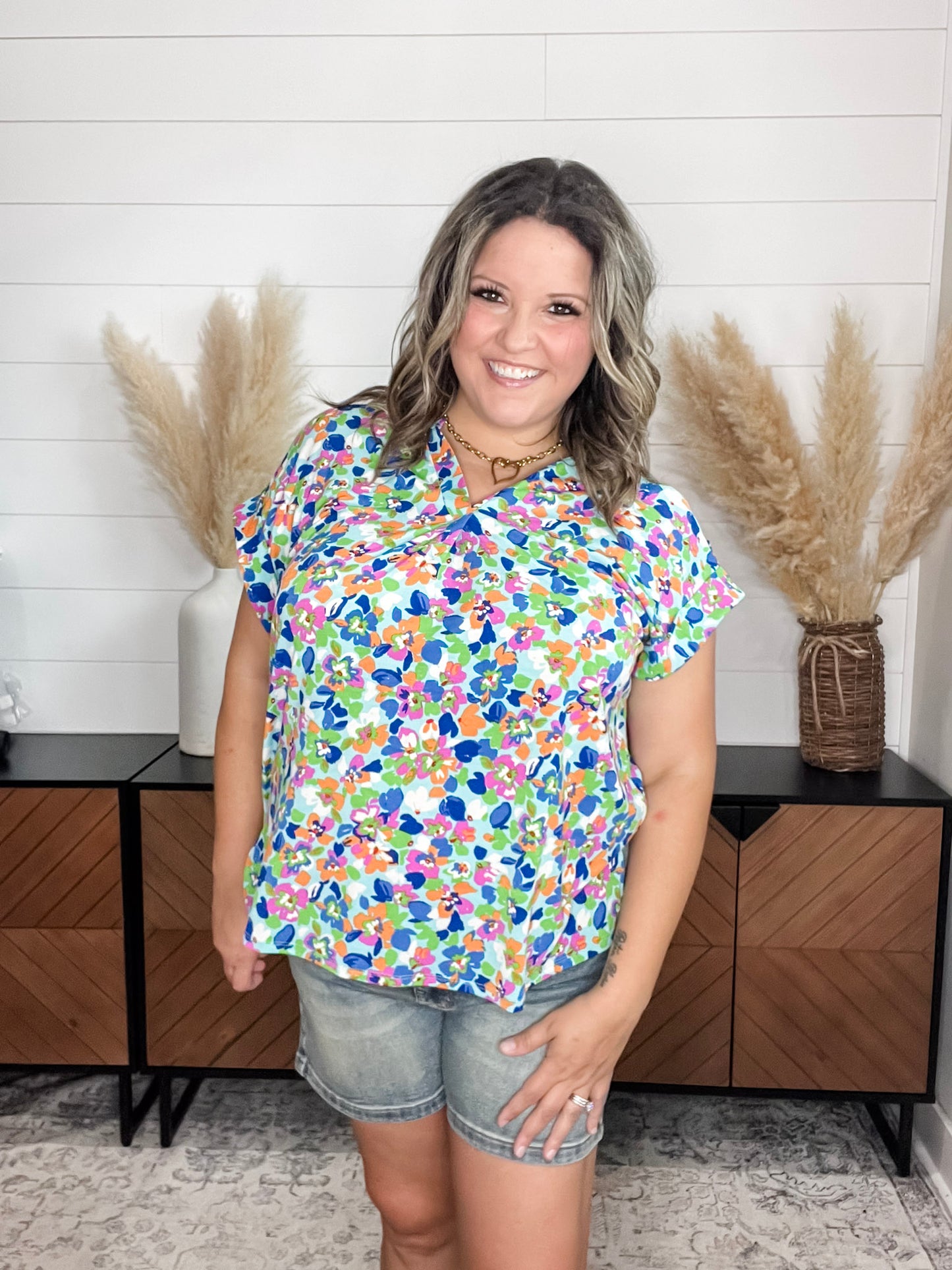 "Smack Dab" Split Neck Cuffed Short Sleeve