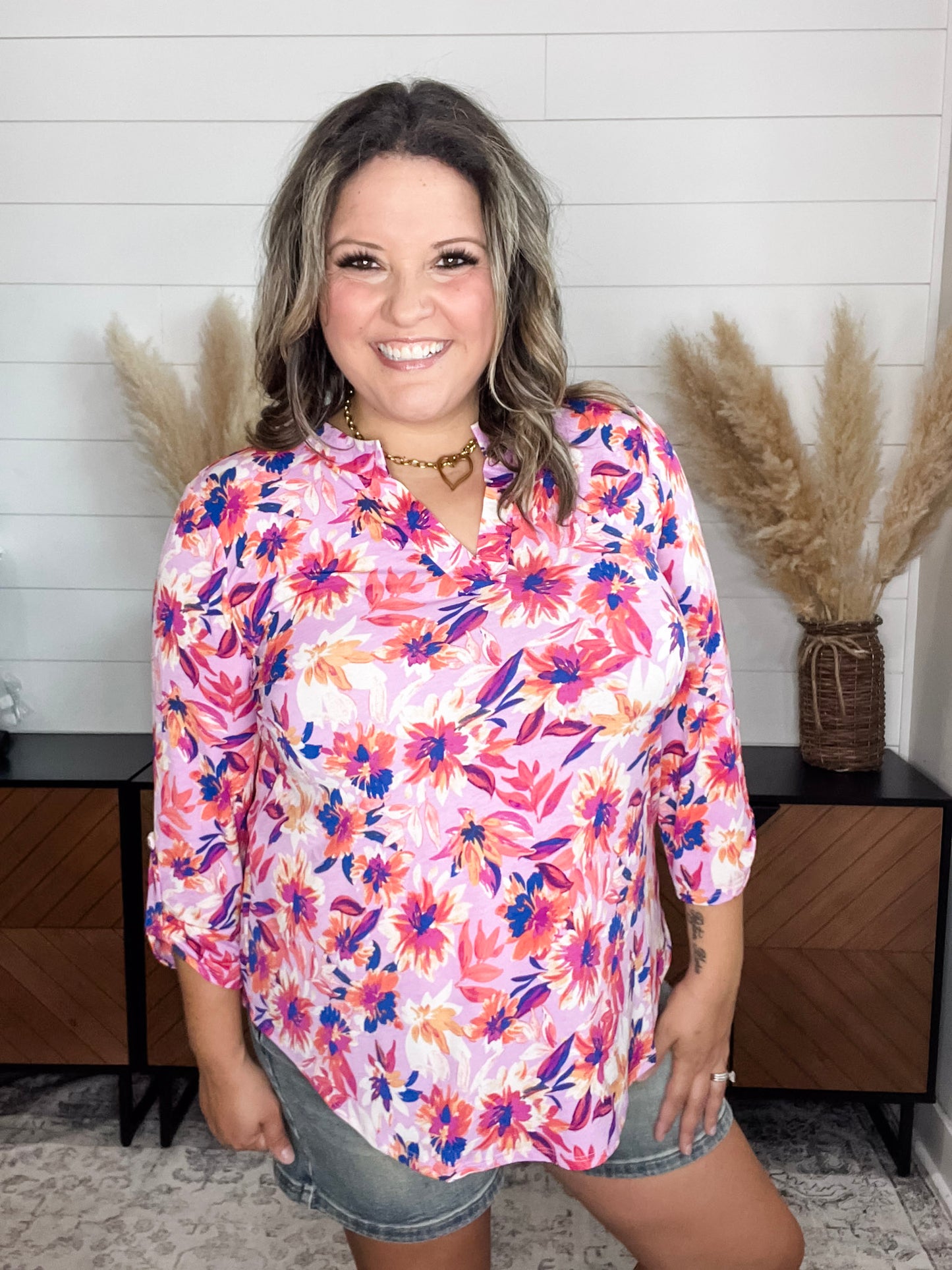 "Season" 3/4 Sleeve Split Neck Tops