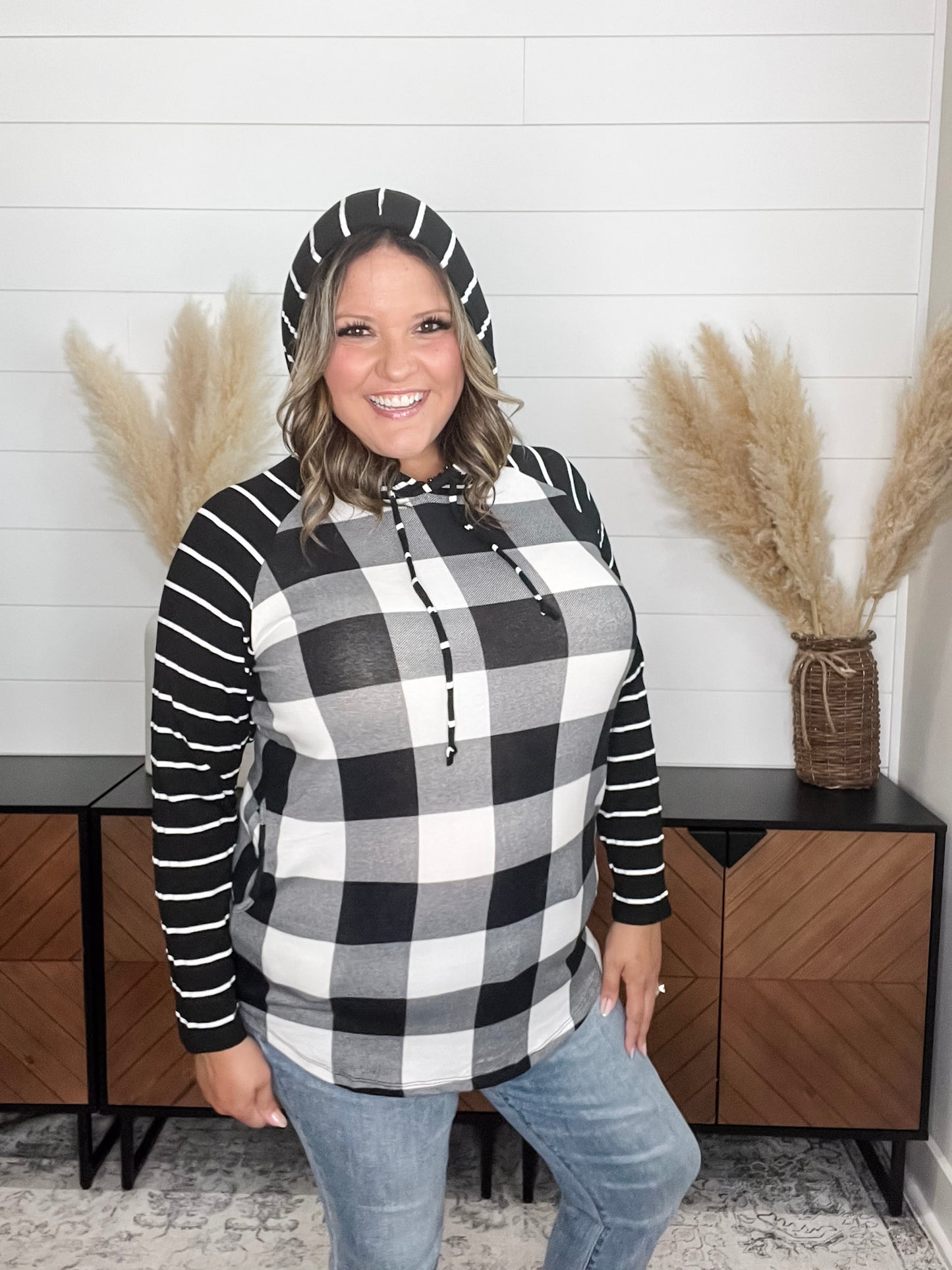 "Crystal" Light Weight Hoodie with Stripe Sleeve (Black & White Plaid)