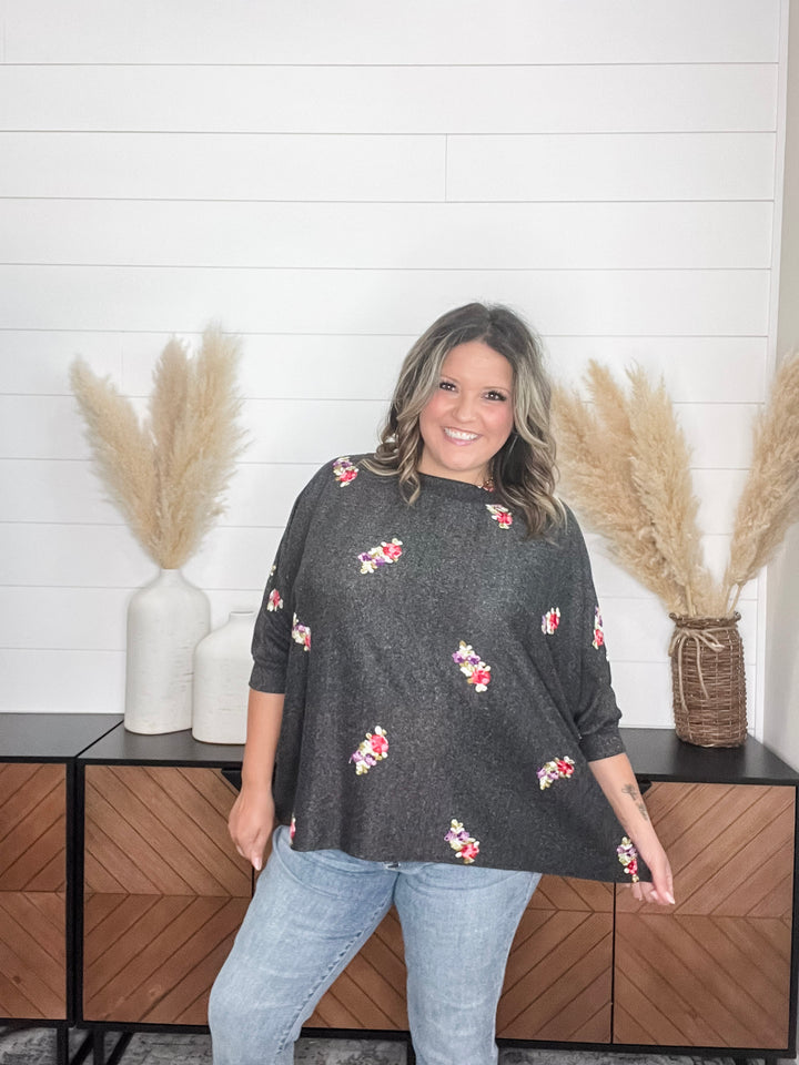 "Deceptive" Floral Embroidered Short Sleeve Dolman with Cuff and Collar (Black)