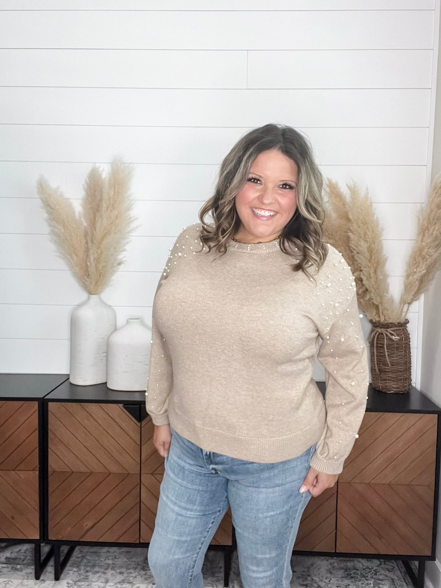 "Discreet" Long Sleeve Pearl Embellished Balloon Sleeve Sweater