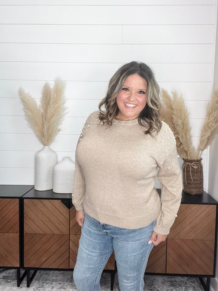 "Discreet" Long Sleeve Pearl Embellished Balloon Sleeve Sweater