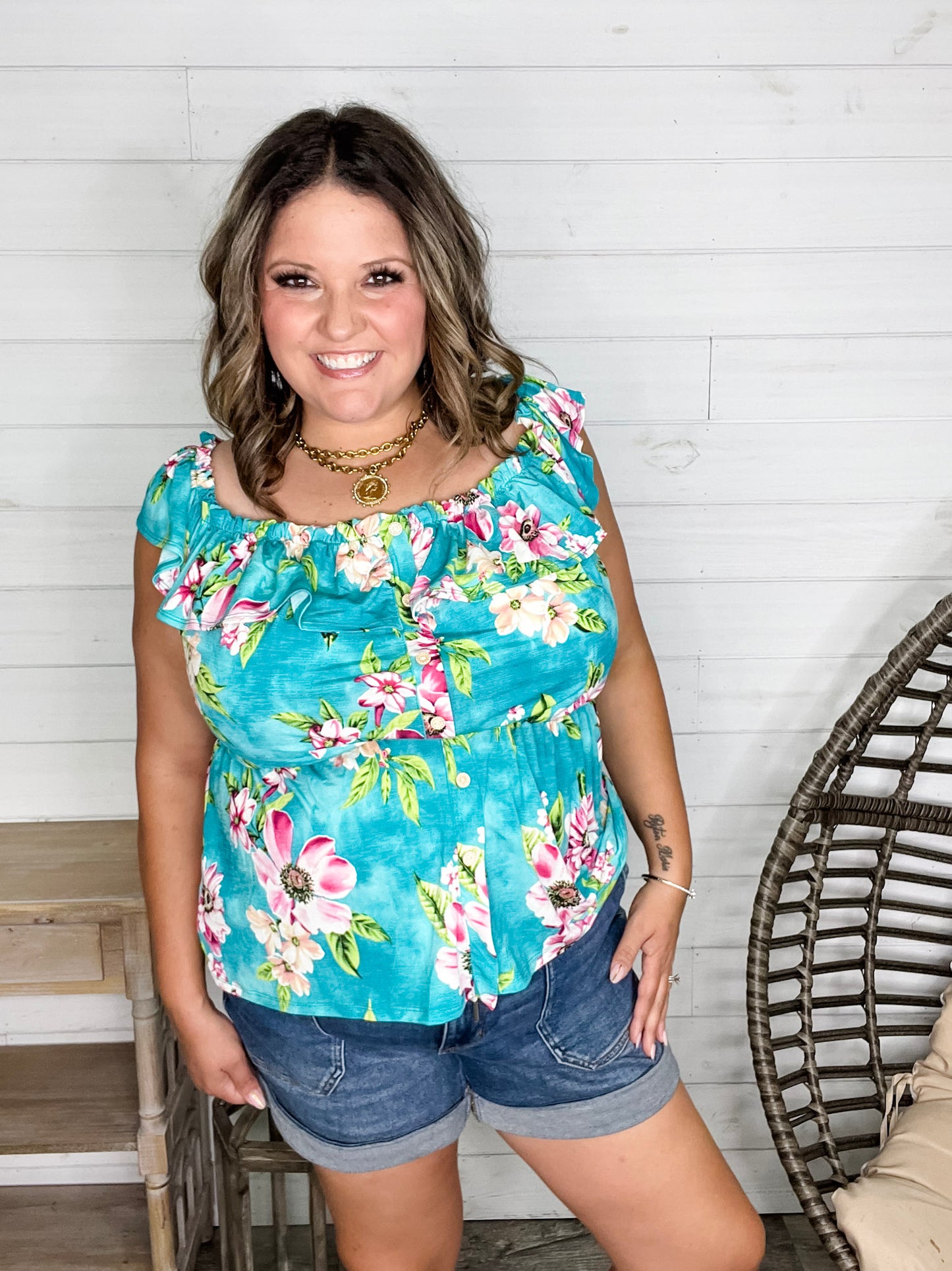 "Time Out" Floral Off the Shoulder Faux Button Front