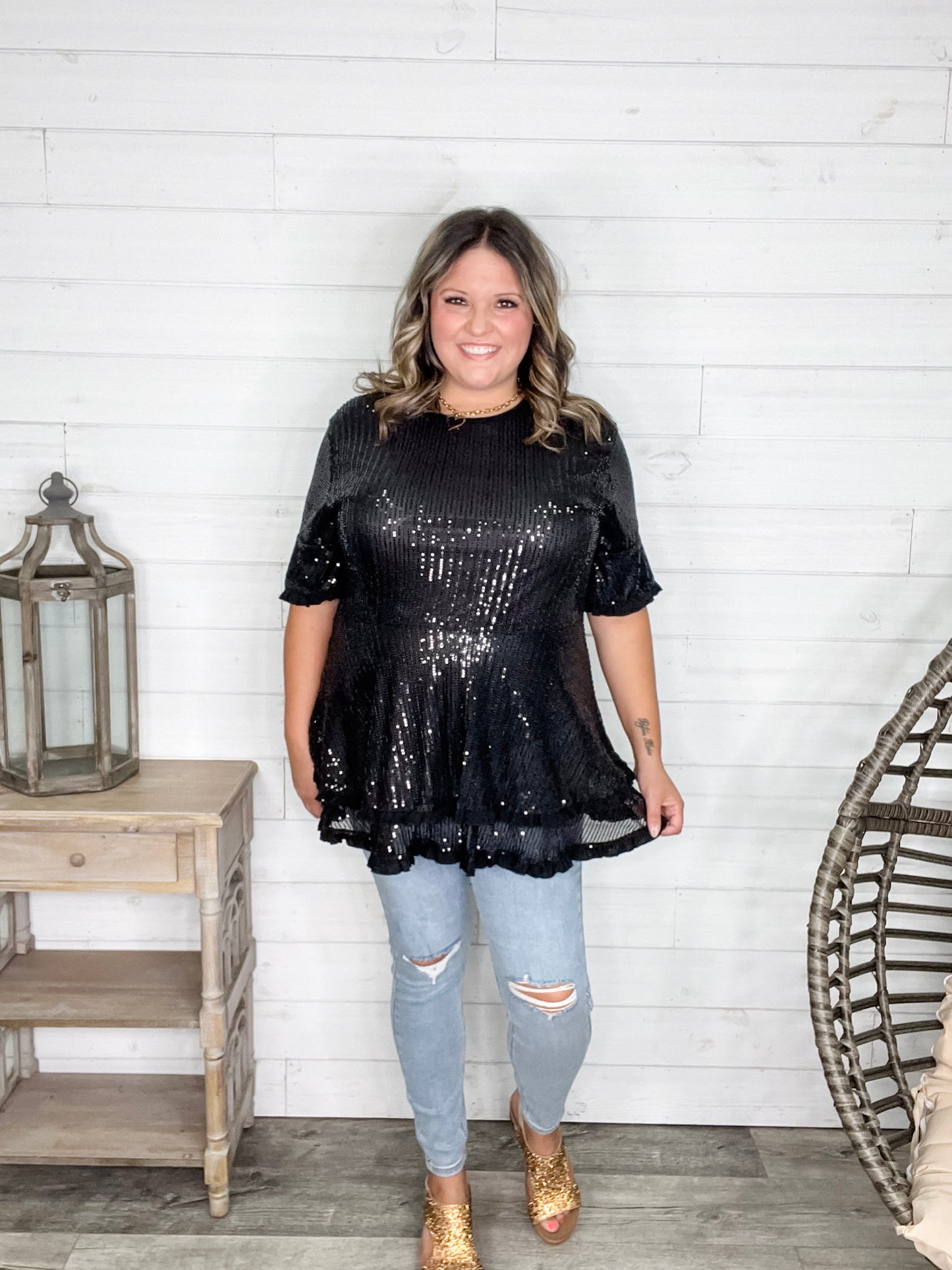 "Caught A Glimpse" Sequined Ruffle Hem and Sleeve (Black)