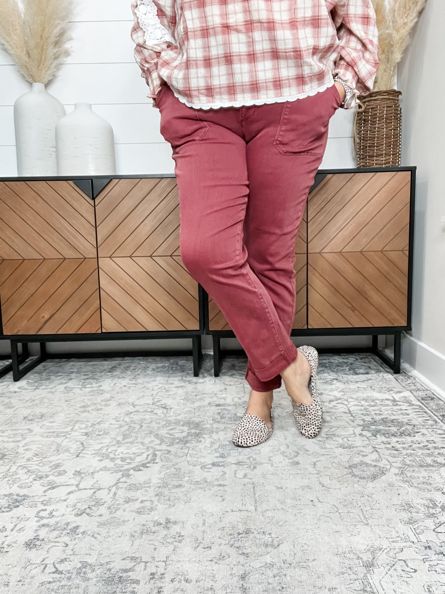 Judy Blue Aurora Burgundy Cuffed Weekender