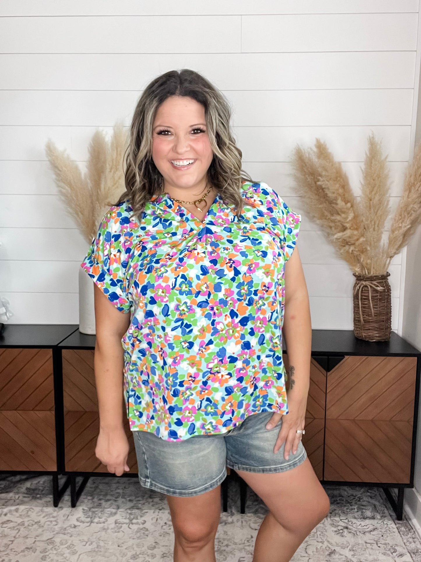 "Smack Dab" Split Neck Cuffed Short Sleeve