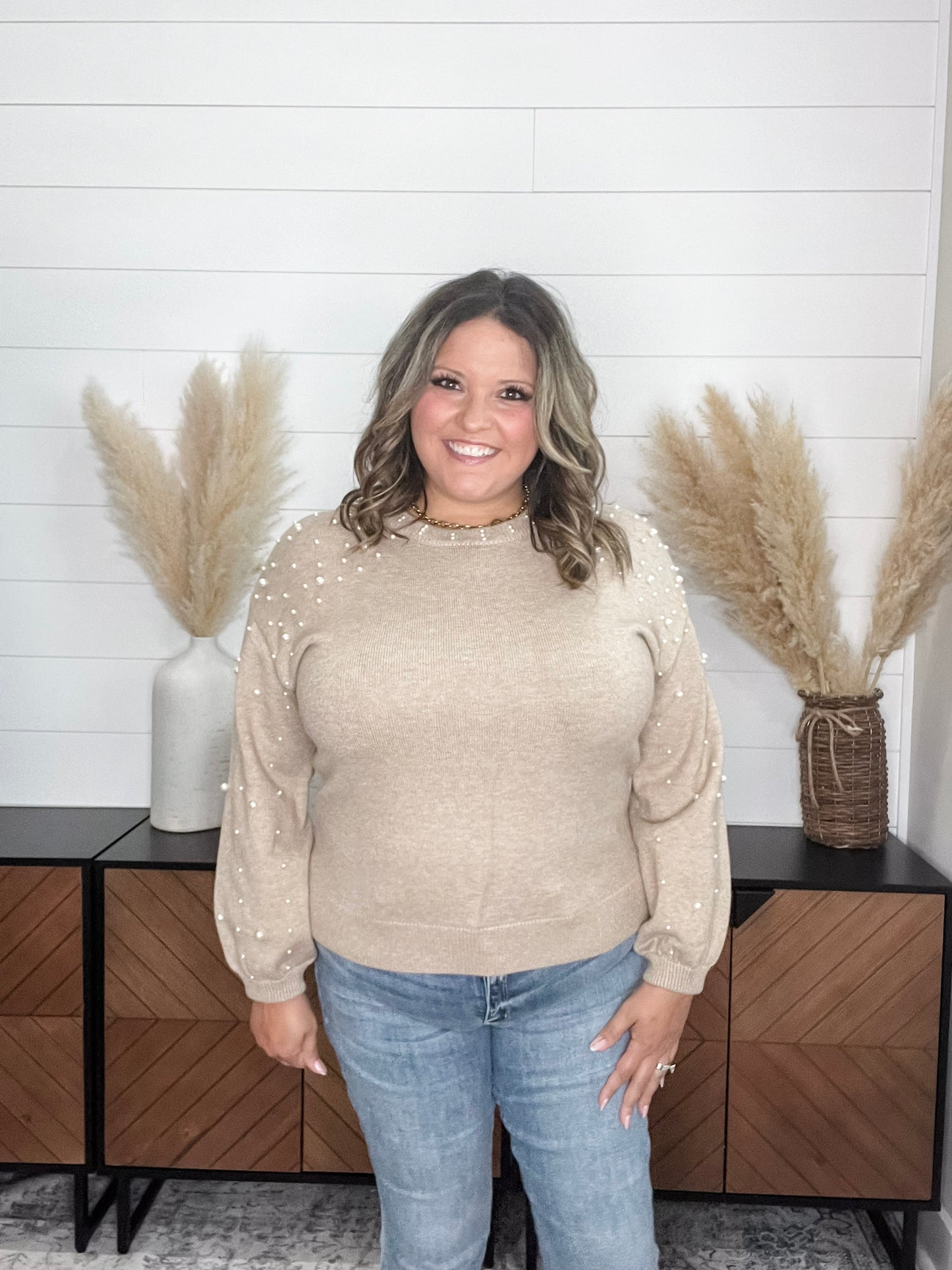 "Discreet" Long Sleeve Pearl Embellished Balloon Sleeve Sweater