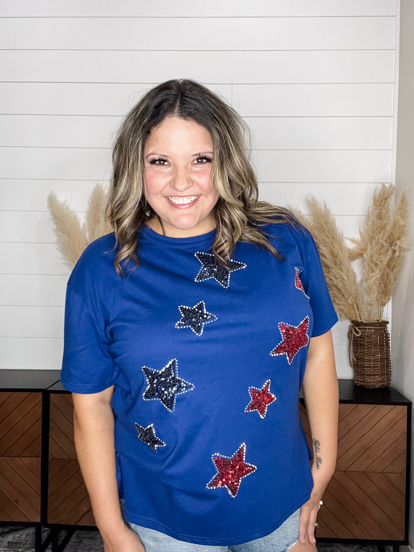 "Is Born" Sequin & Rhinestone Stars Short Sleeve