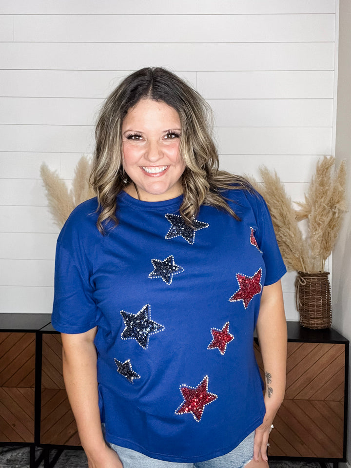 "Is Born" Sequin & Rhinestone Stars Short Sleeve