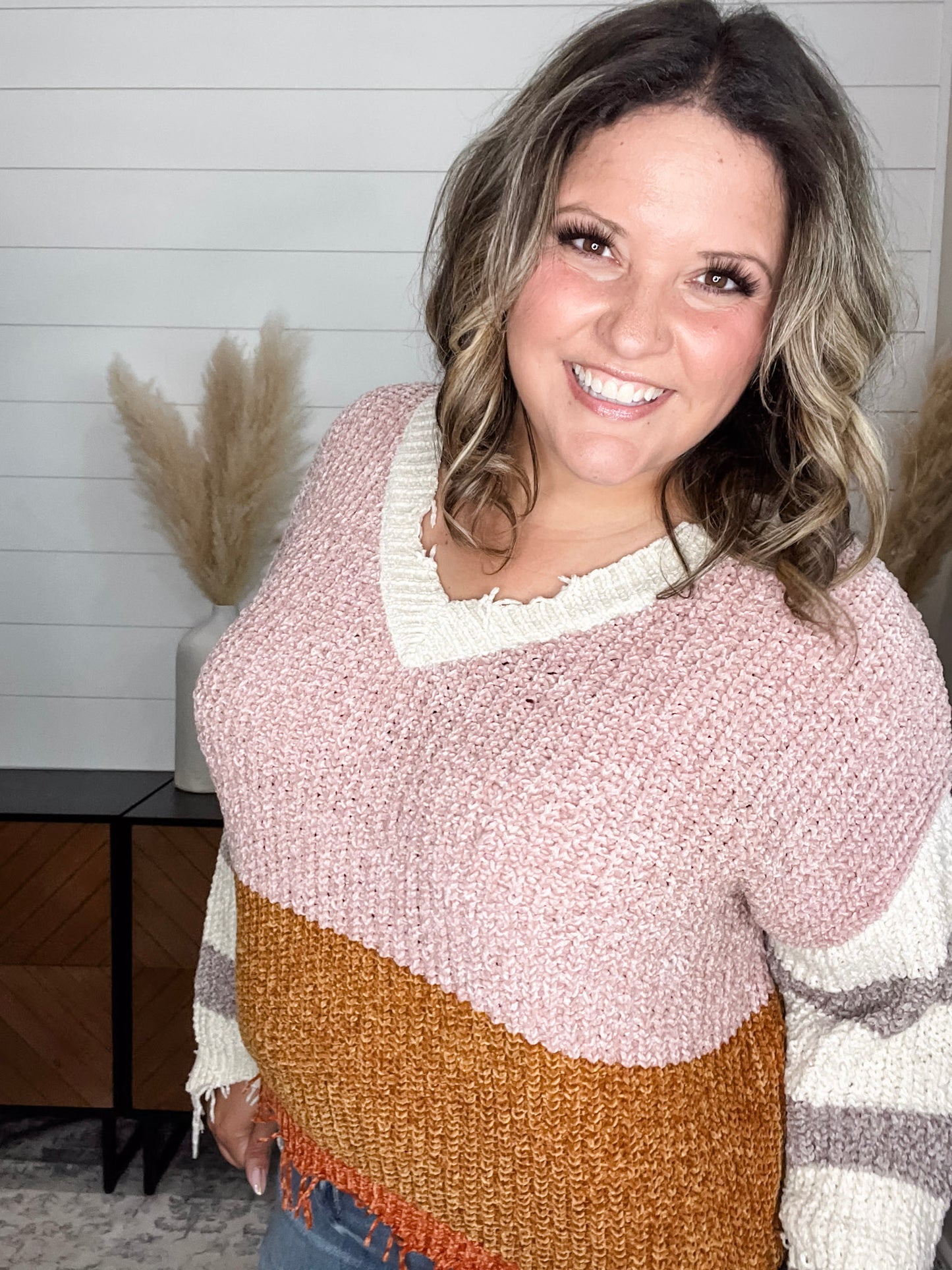 "Unraveled" V Neck Chenille Sweater