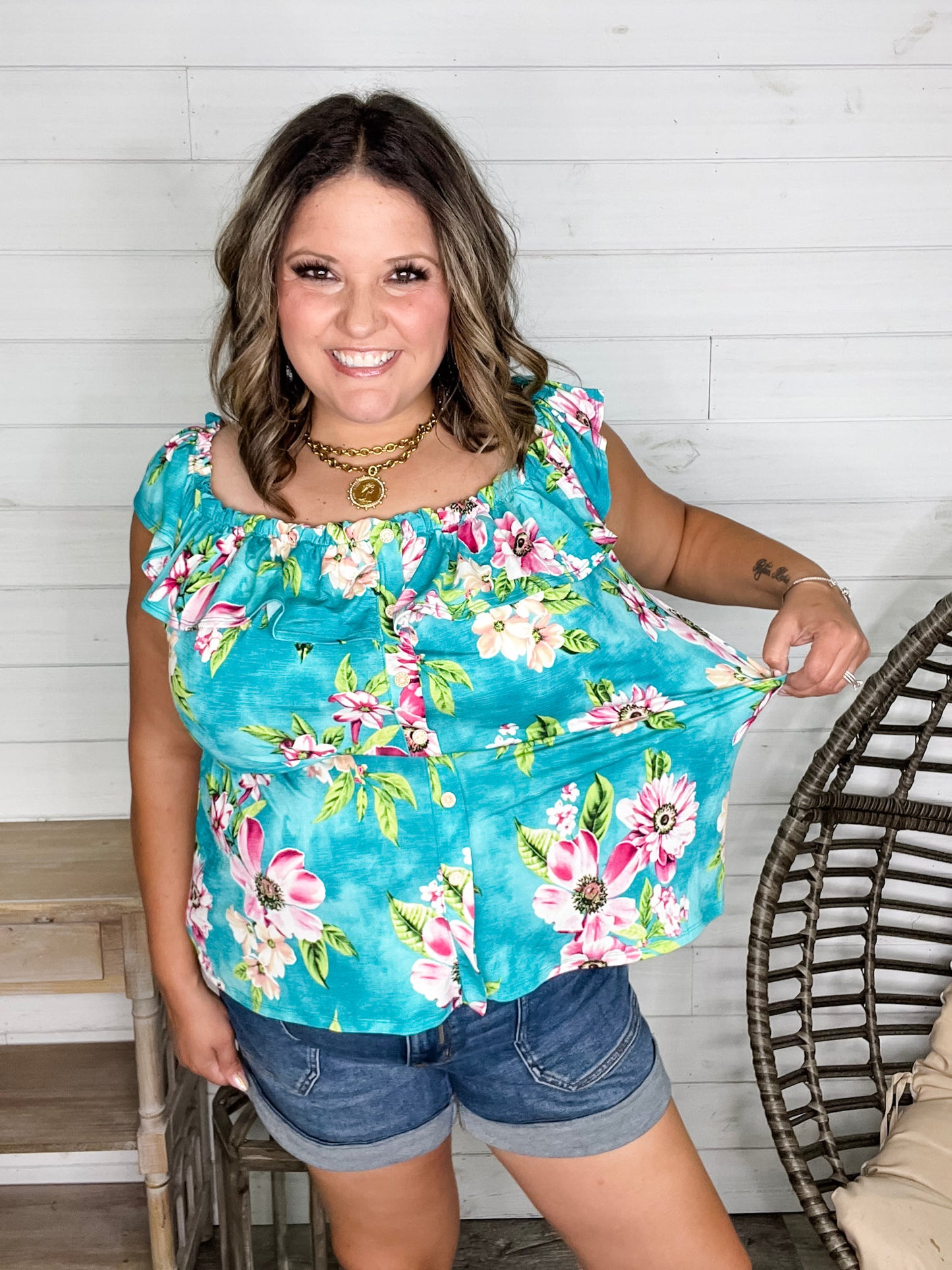 "Time Out" Floral Off the Shoulder Faux Button Front