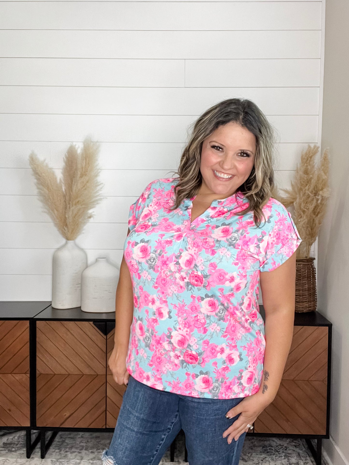 "Fletcher" Floral Split Neck Cuffed Short Sleeve