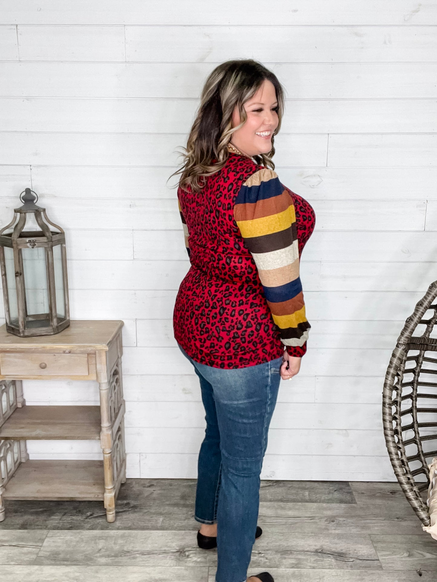 "Well Ok" Long Sleeve Animal Print with Stripe Accent