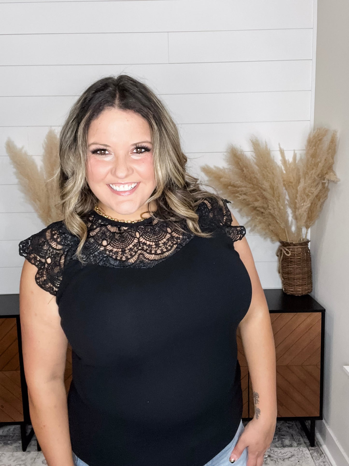 "Remember A Time" Sleeveless Top with Lace Yoke