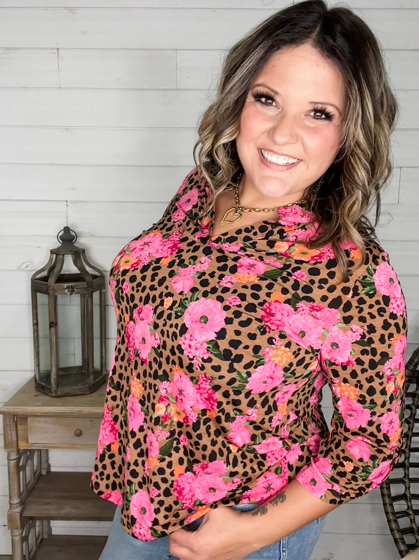 "Dimensions" Floral and Animal 3/4 Sleeve Split Neck