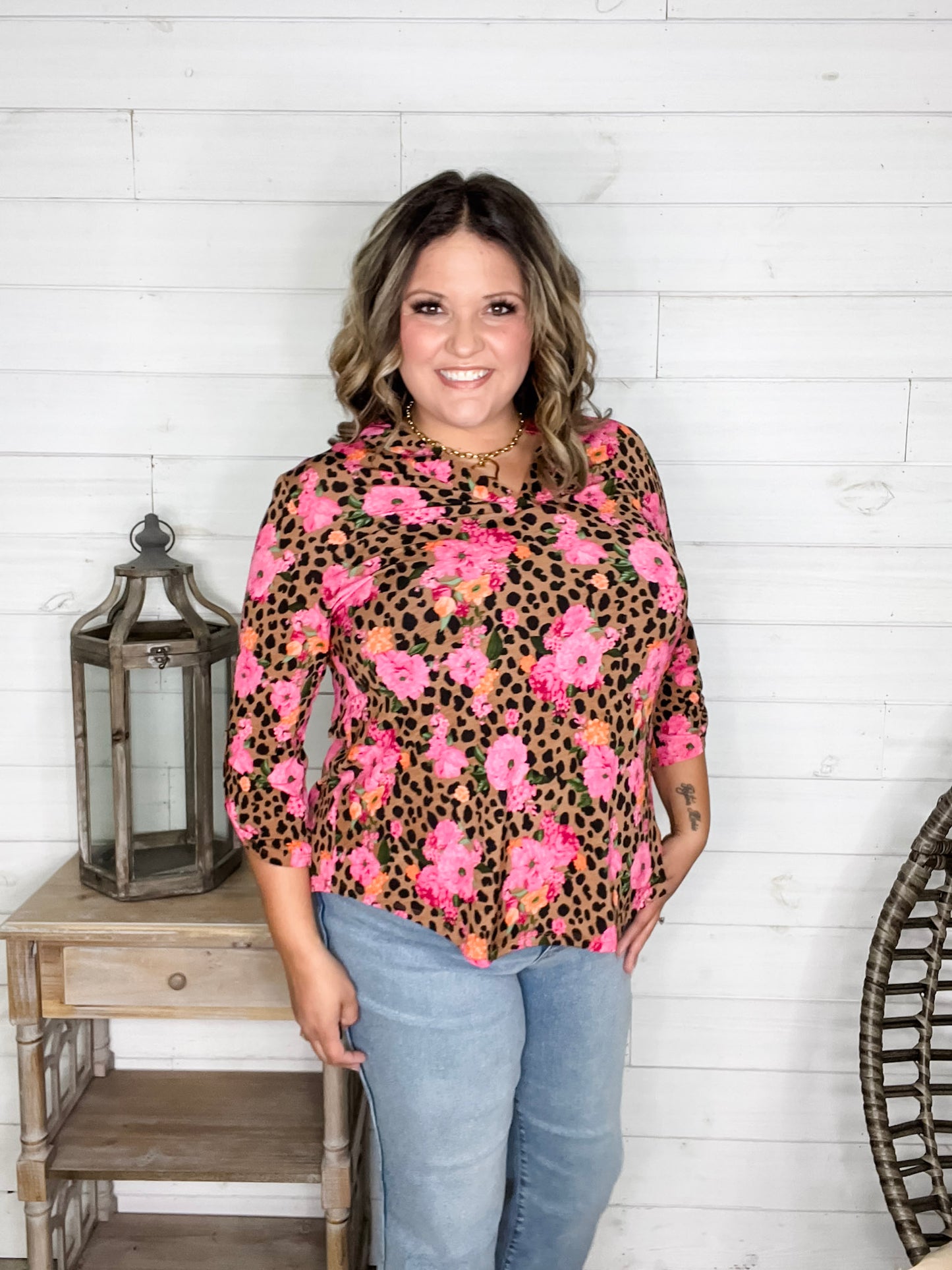 "Dimensions" Floral and Animal 3/4 Sleeve Split Neck