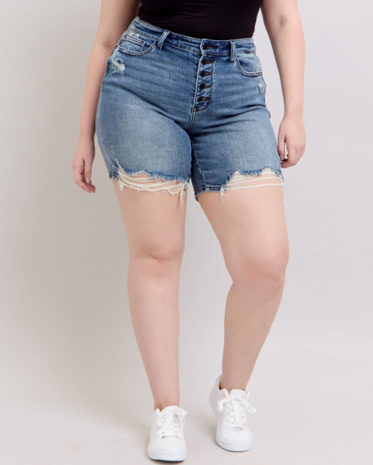 Judy Blue "Not So Fast" Button fly Destroyed Mid Thigh Shorts