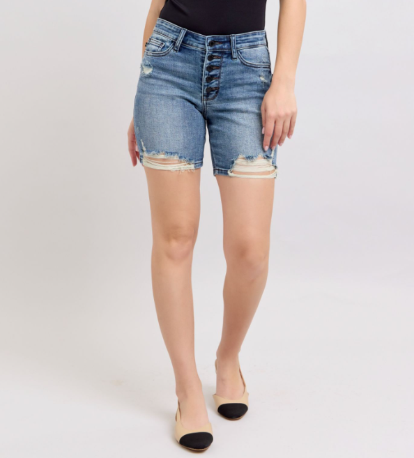 Judy Blue "Not So Fast" Button fly Destroyed Mid Thigh Shorts