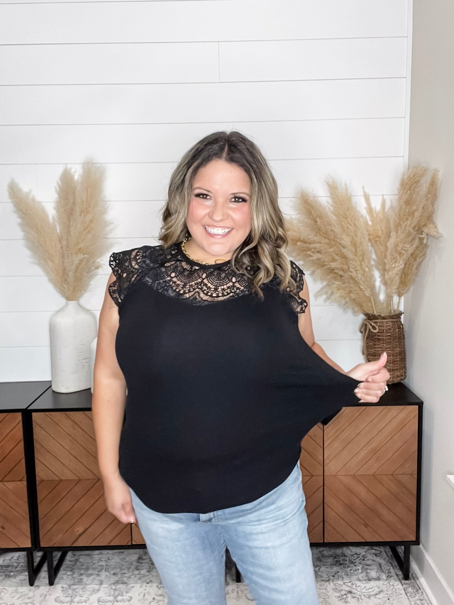 "Remember A Time" Sleeveless Top with Lace Yoke