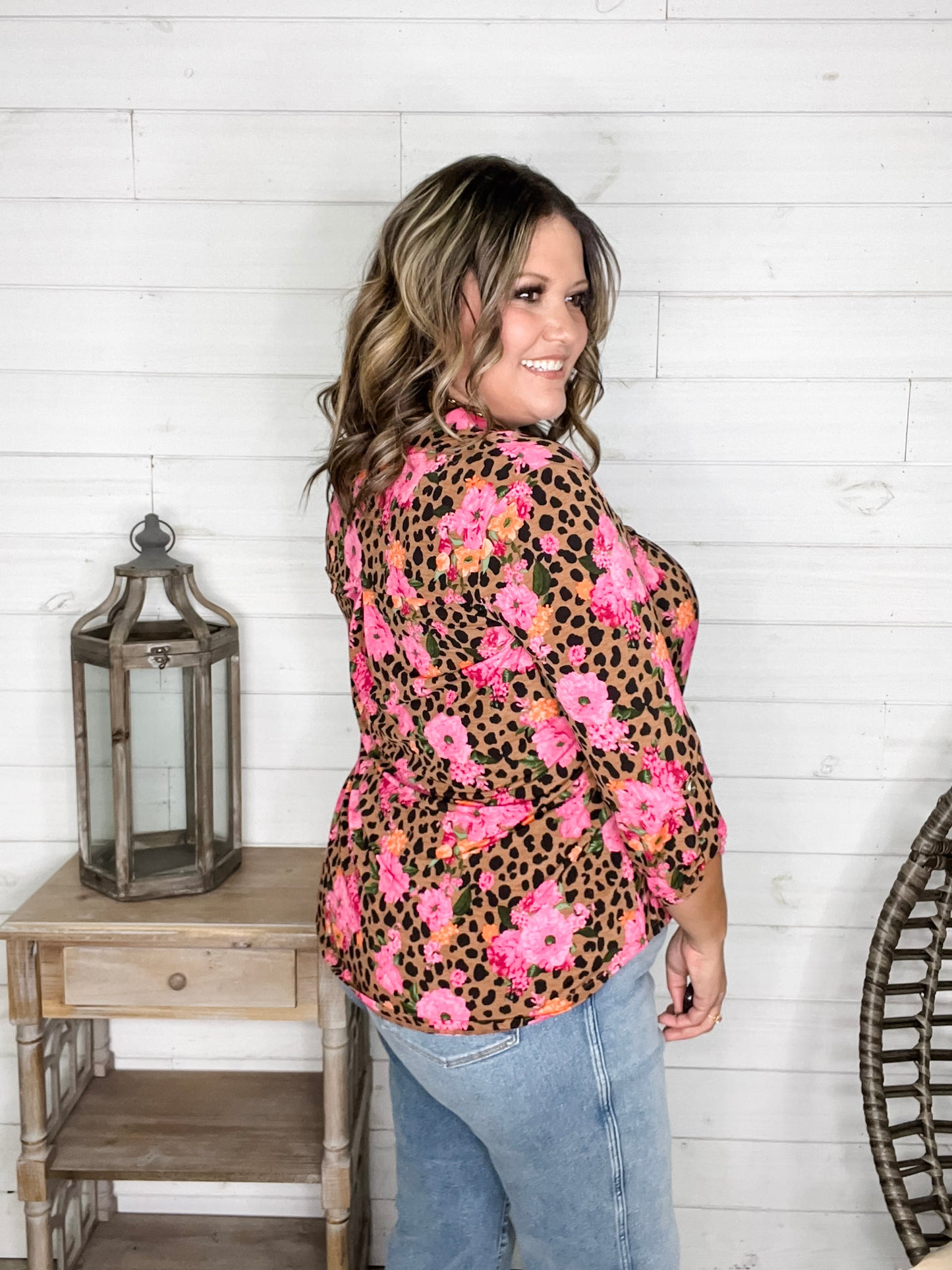 "Dimensions" Floral and Animal 3/4 Sleeve Split Neck