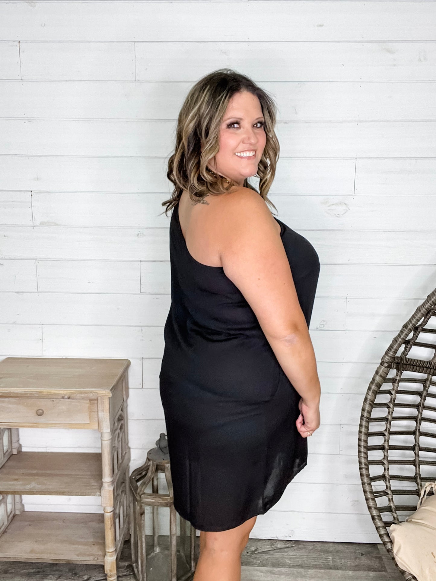 "Runway" One Shoulder Dress with Pockets (Black)