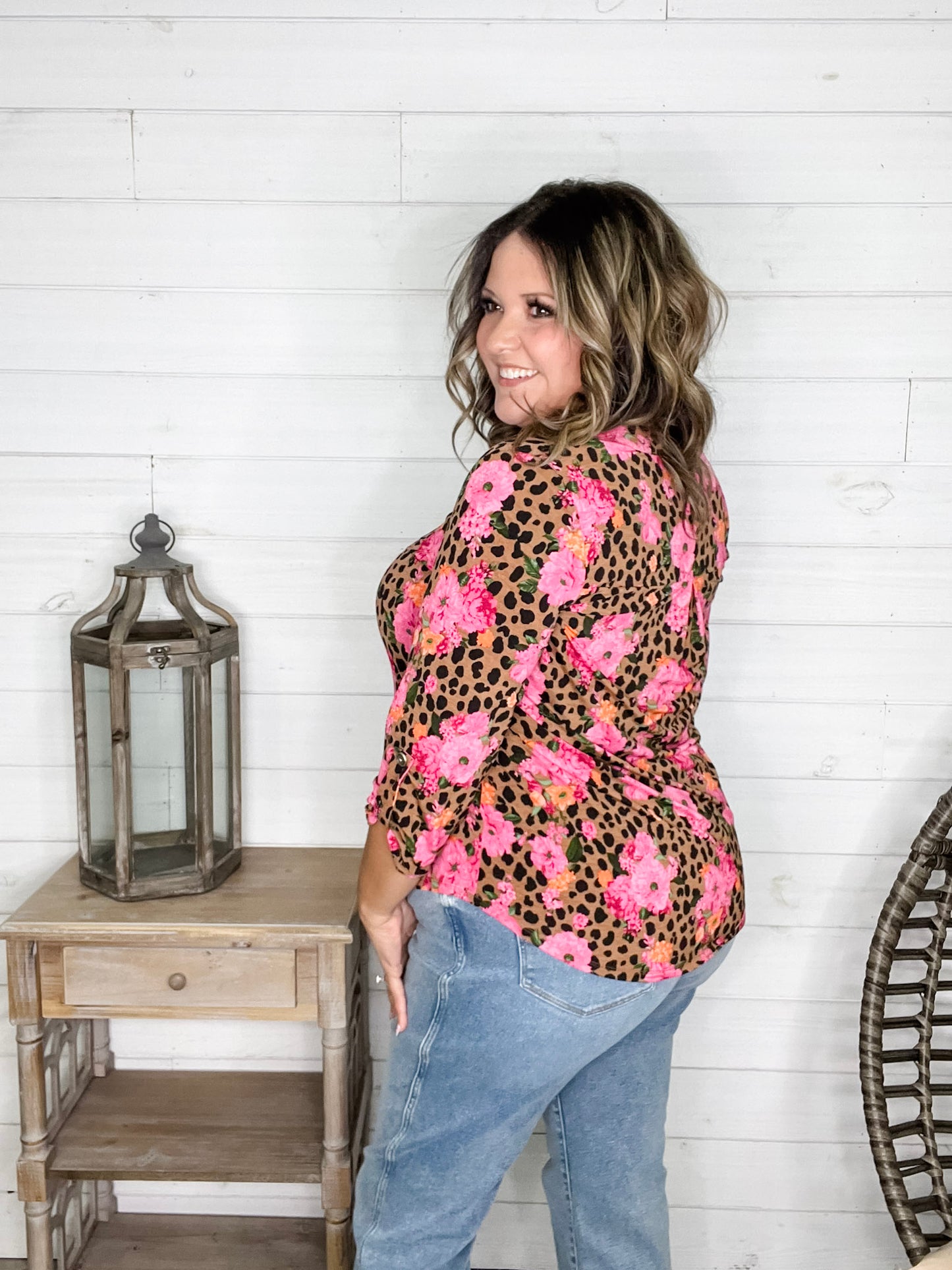 "Dimensions" Floral and Animal 3/4 Sleeve Split Neck