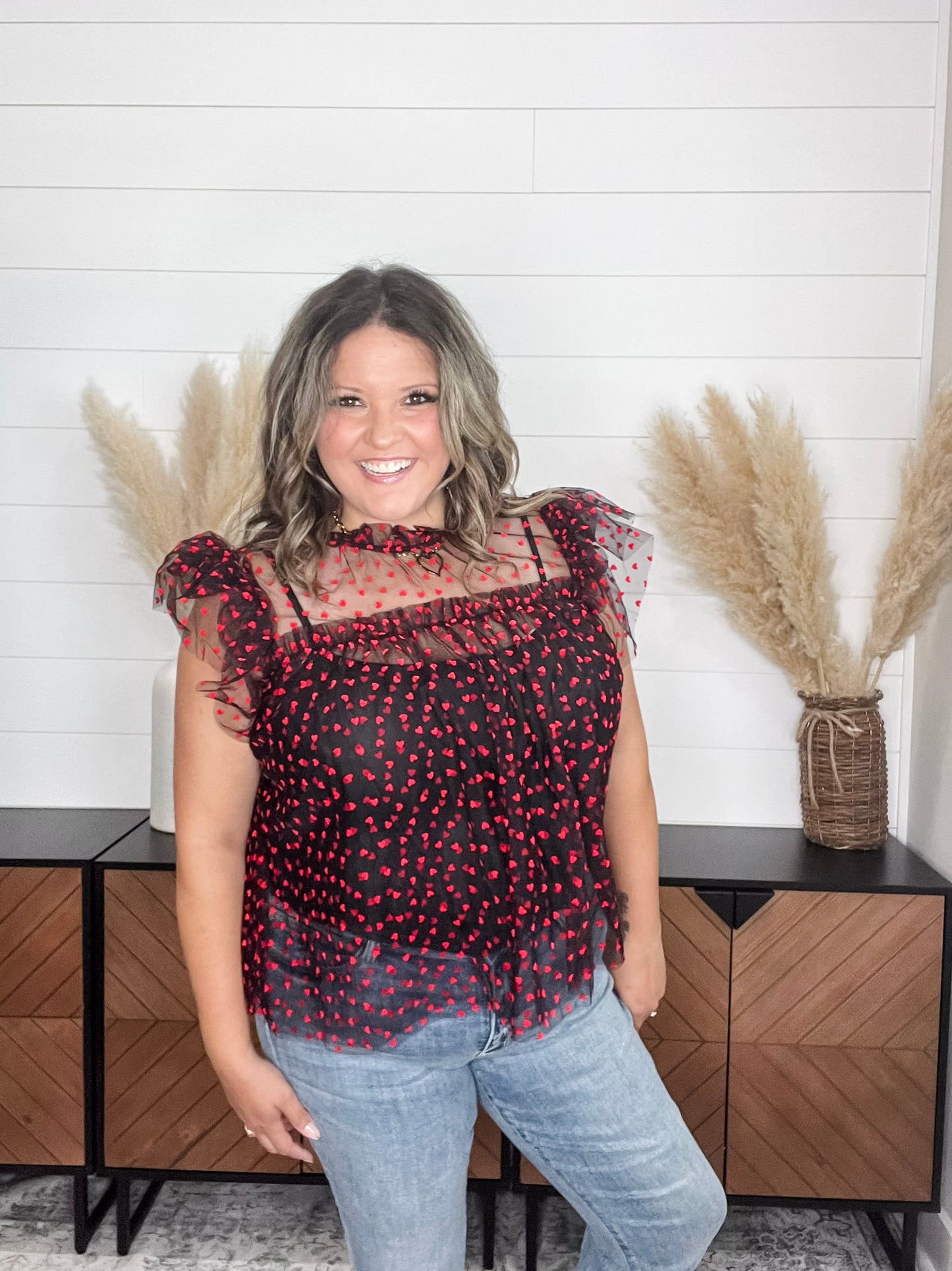 "Don't Go Breakin" Heart Printed High Collar Short Sleeve Babydoll