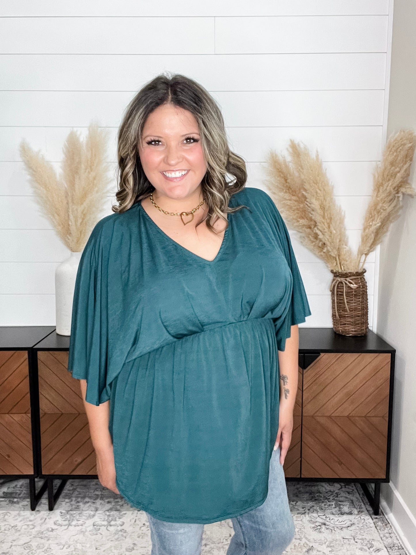 "Here We Go Again" V Neck 3/4 Bell Sleeve (Hunter Green)