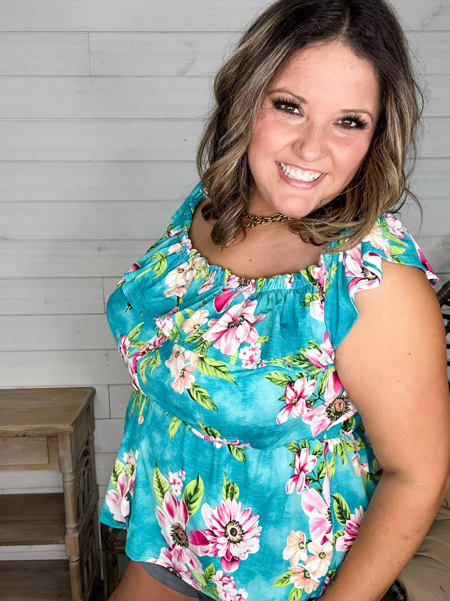"Time Out" Floral Off the Shoulder Faux Button Front