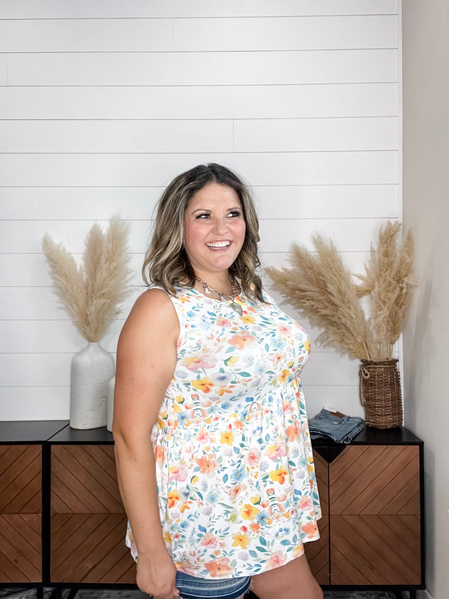 "Renee" Floral Ruffle Tank (Watercolor)