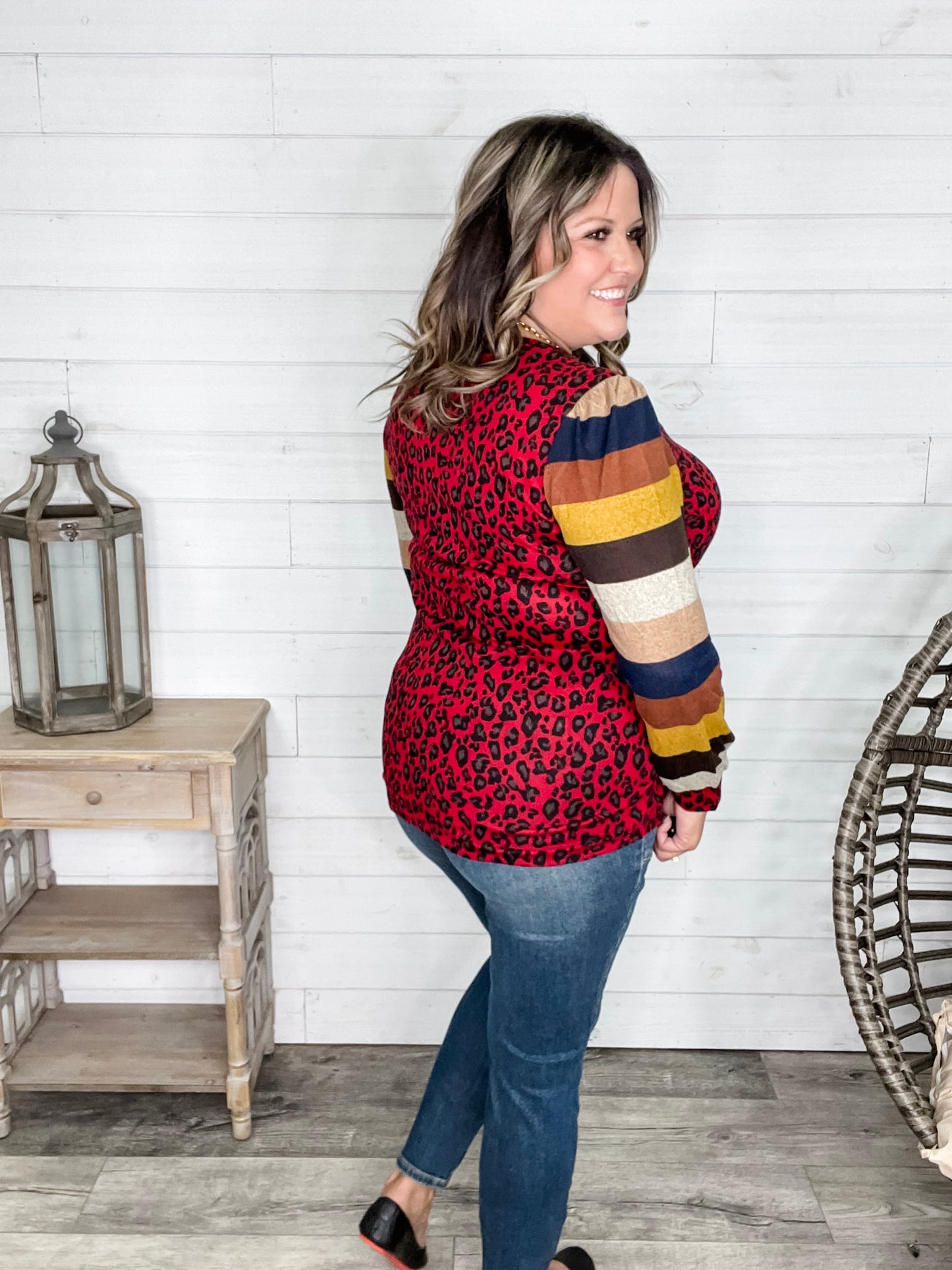 "Well Ok" Long Sleeve Animal Print with Stripe Accent
