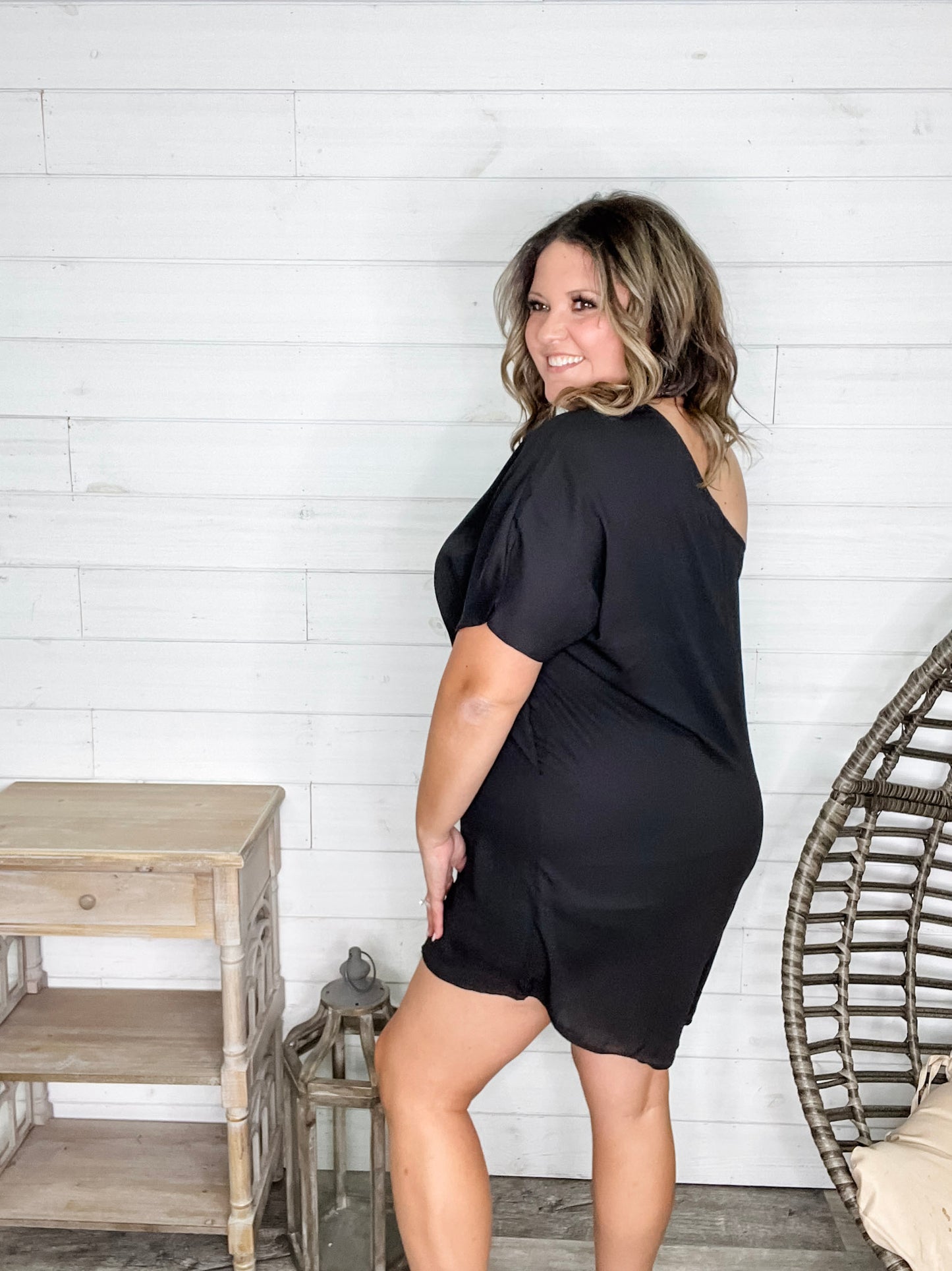 "Runway" One Shoulder Dress with Pockets (Black)
