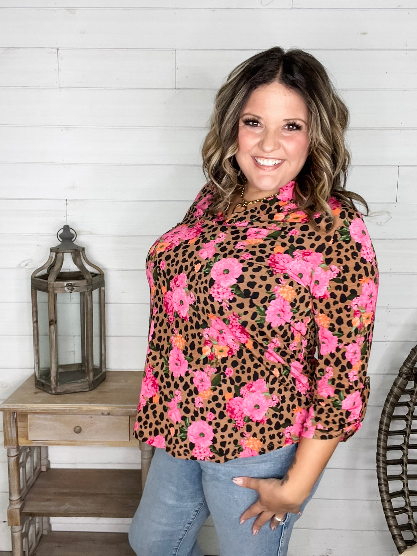 "Dimensions" Floral and Animal 3/4 Sleeve Split Neck