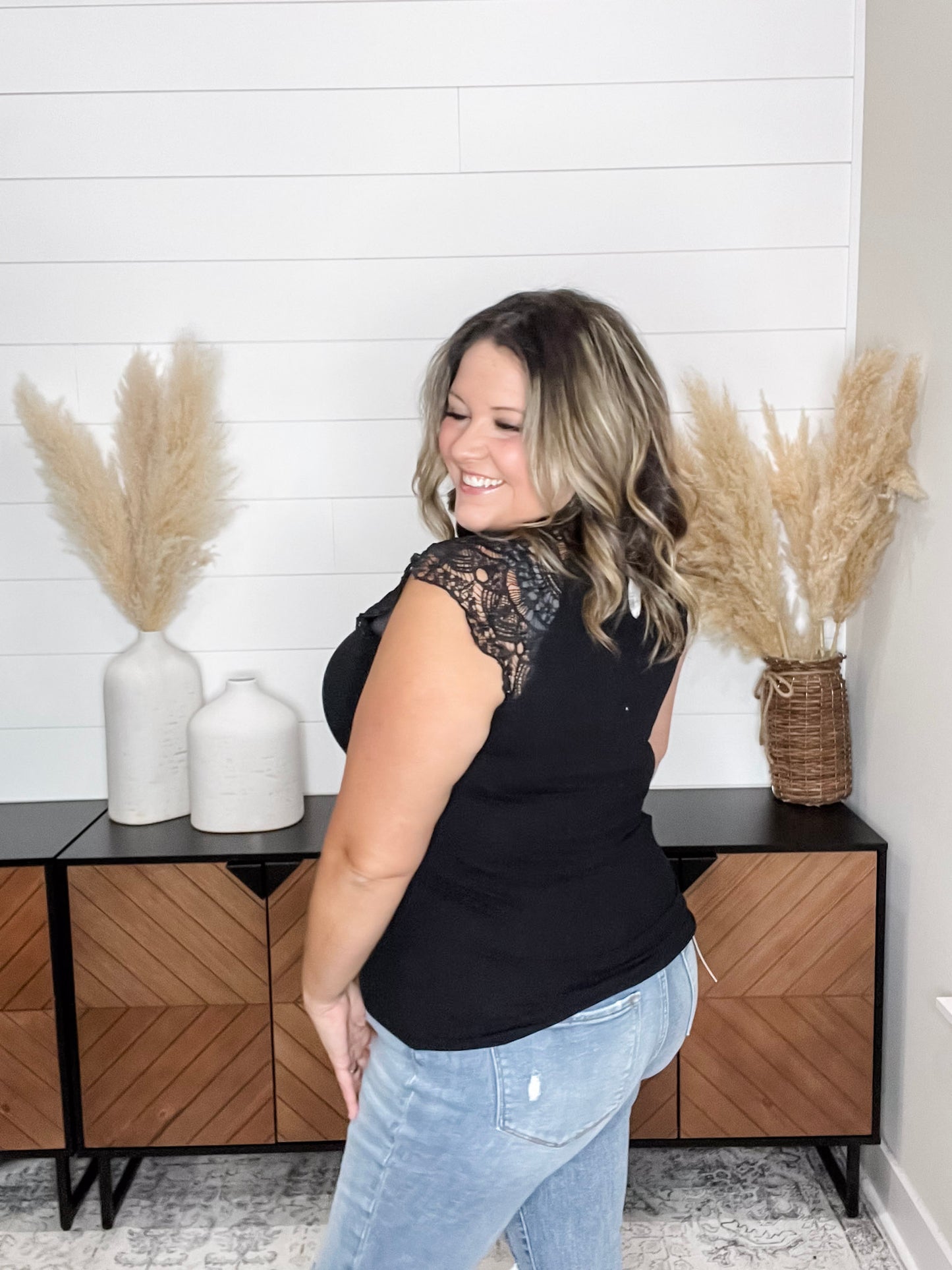 "Remember A Time" Sleeveless Top with Lace Yoke