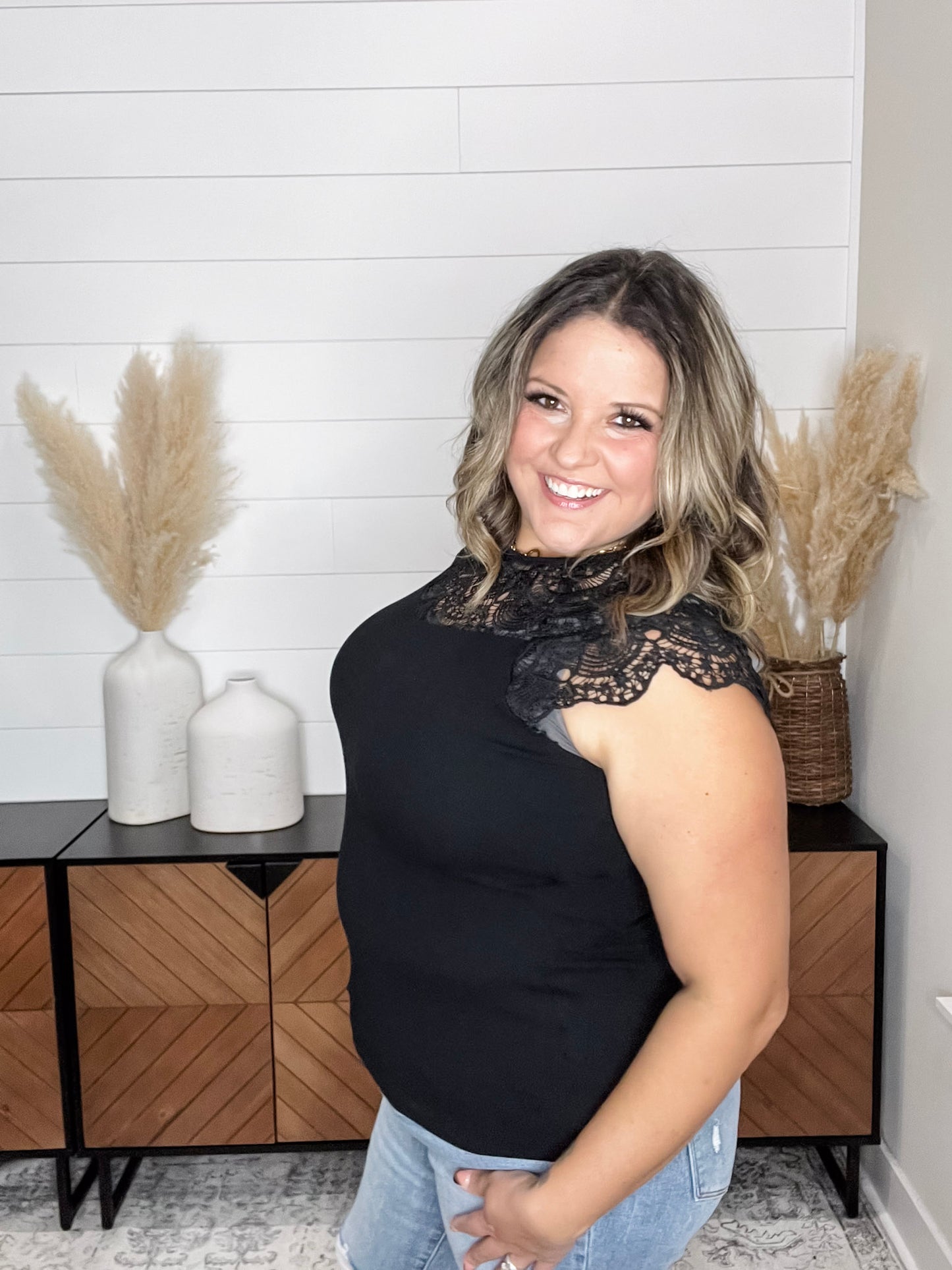 "Remember A Time" Sleeveless Top with Lace Yoke