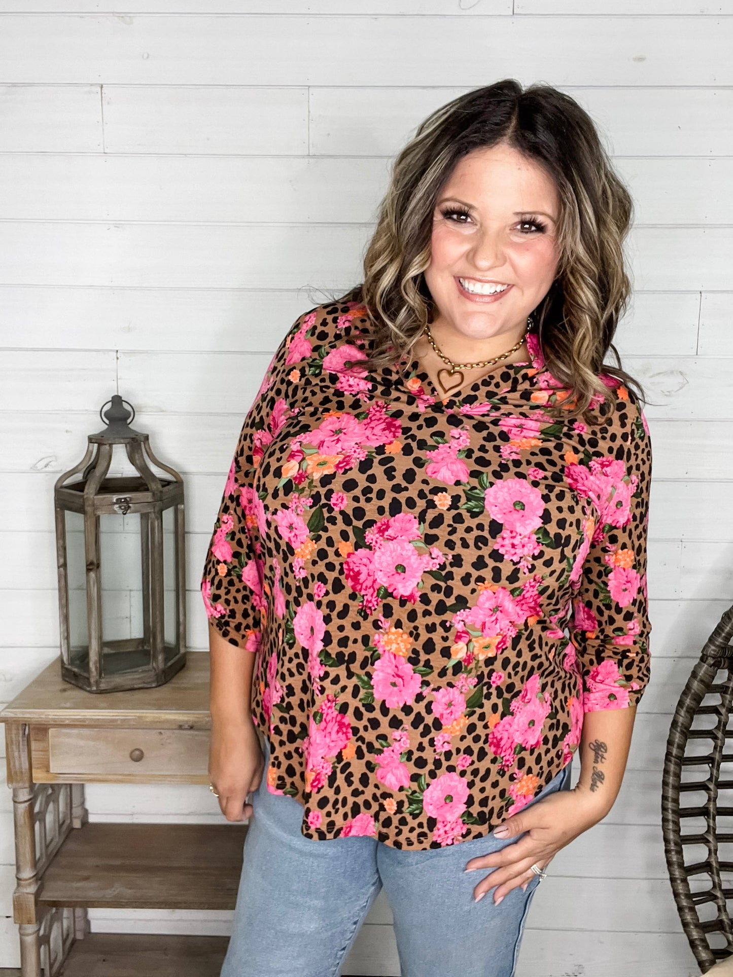 "Dimensions" Floral and Animal 3/4 Sleeve Split Neck