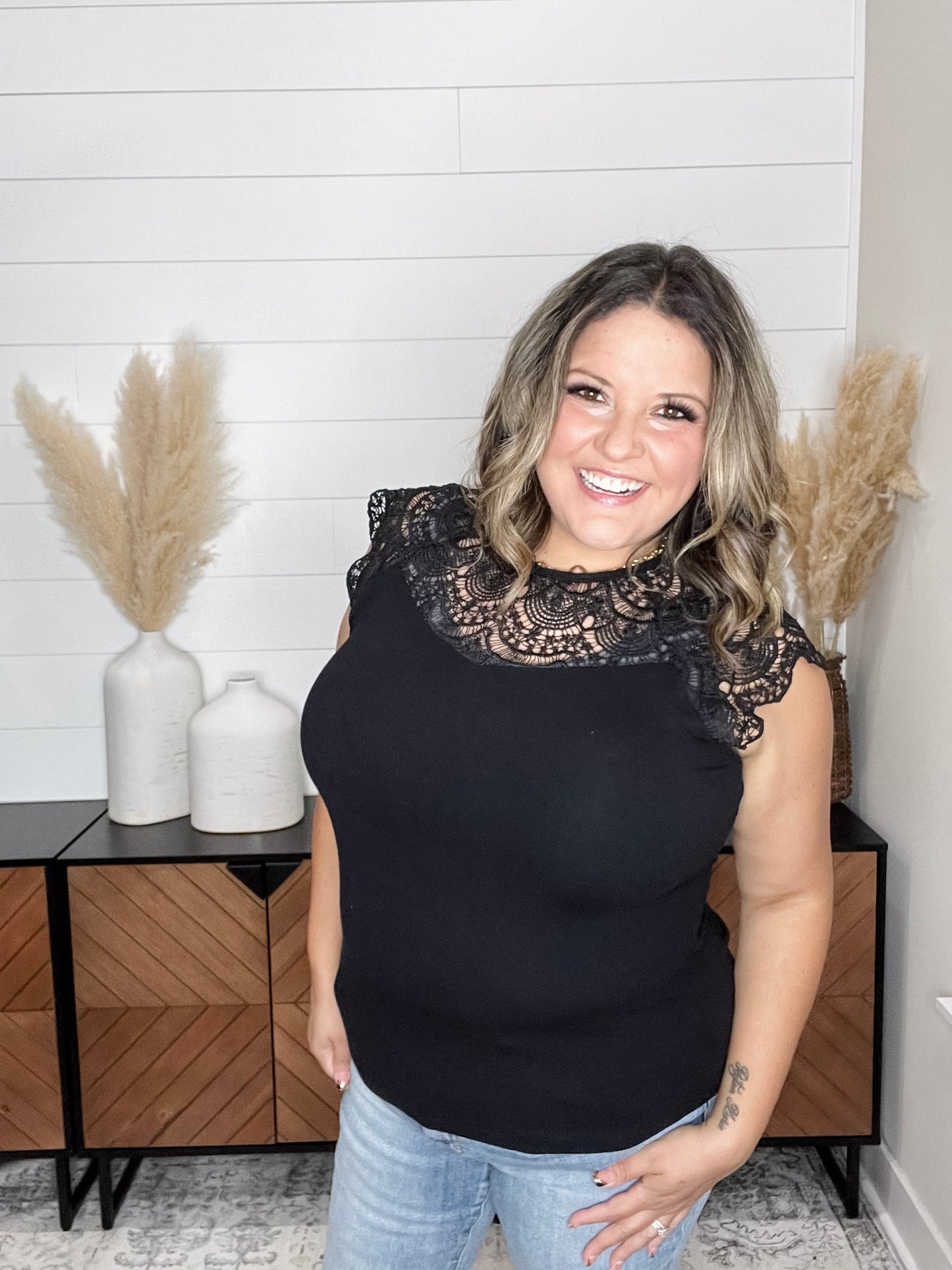 "Remember A Time" Sleeveless Top with Lace Yoke