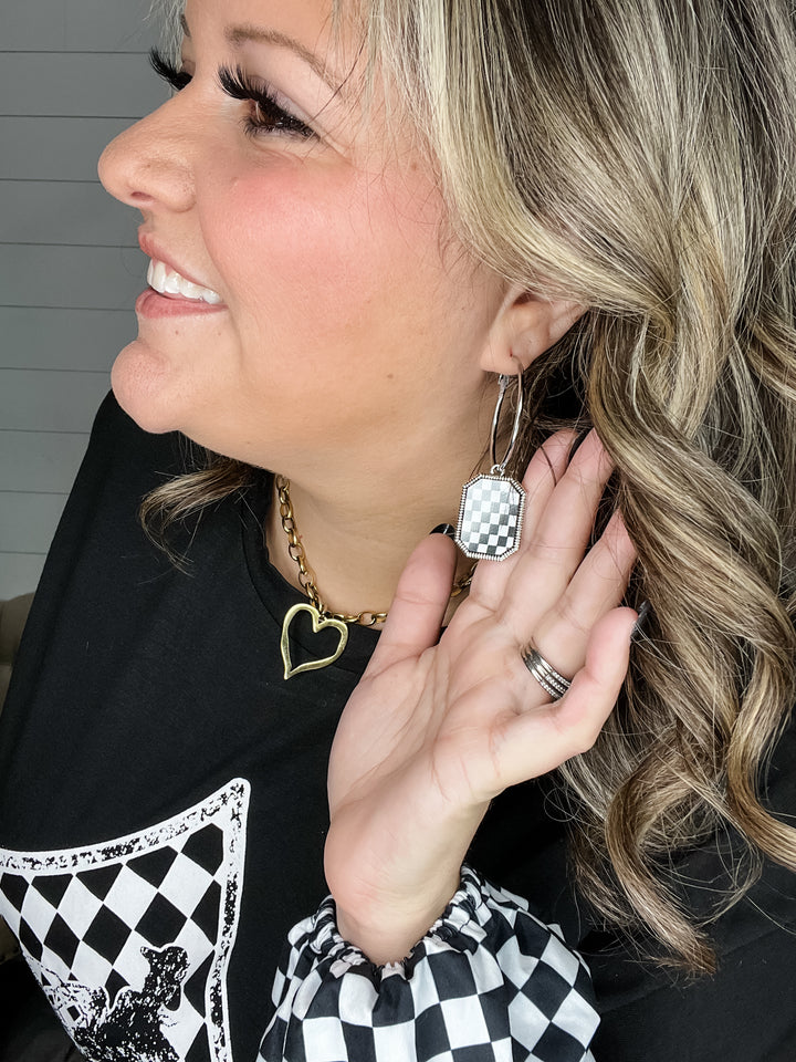 Hoop Earrings with Checkered Print Charm