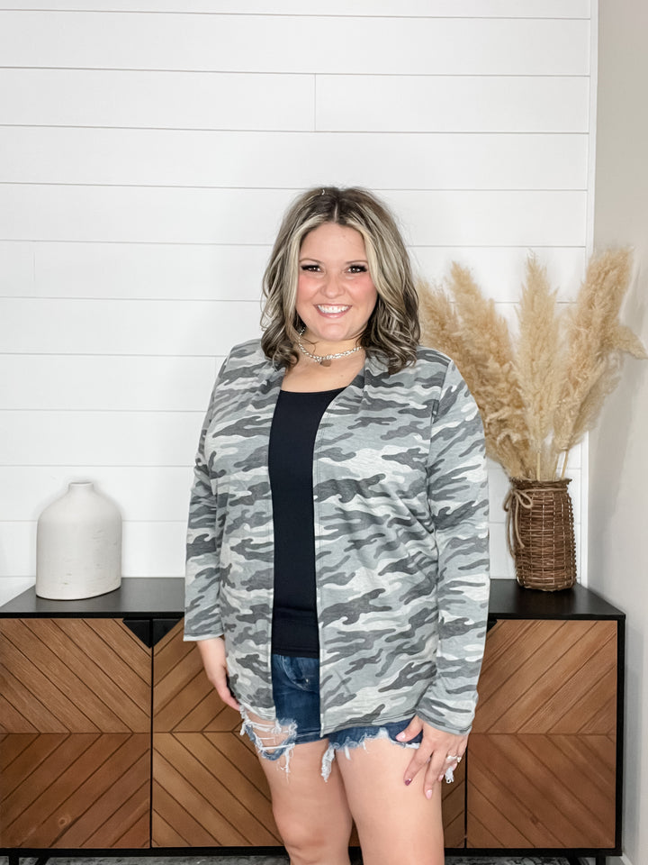 "Salute" Camo Cardigan with Faux Suede Elbow Patches